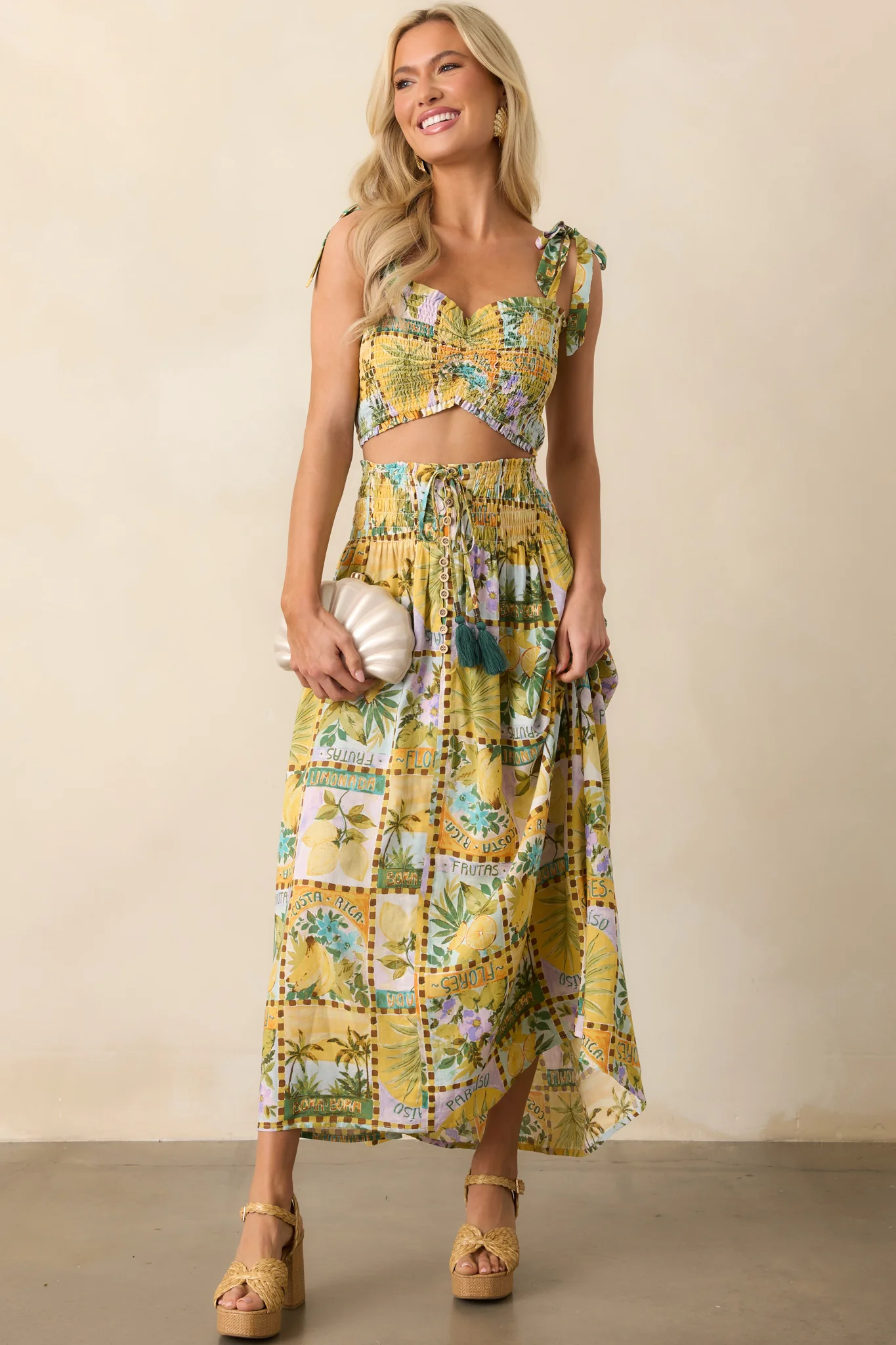 Shore Thing Green Tropical Print Smocked Crop Top