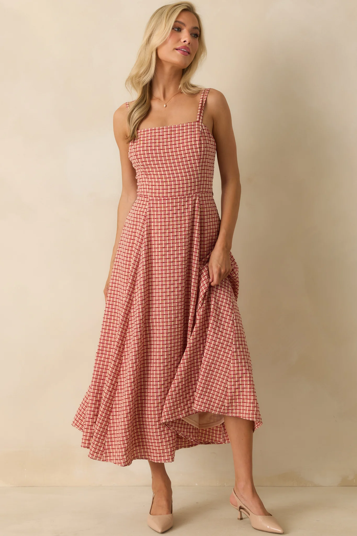 So Much To Say Red Gingham Polka Dot Sleeveless Maxi Dress