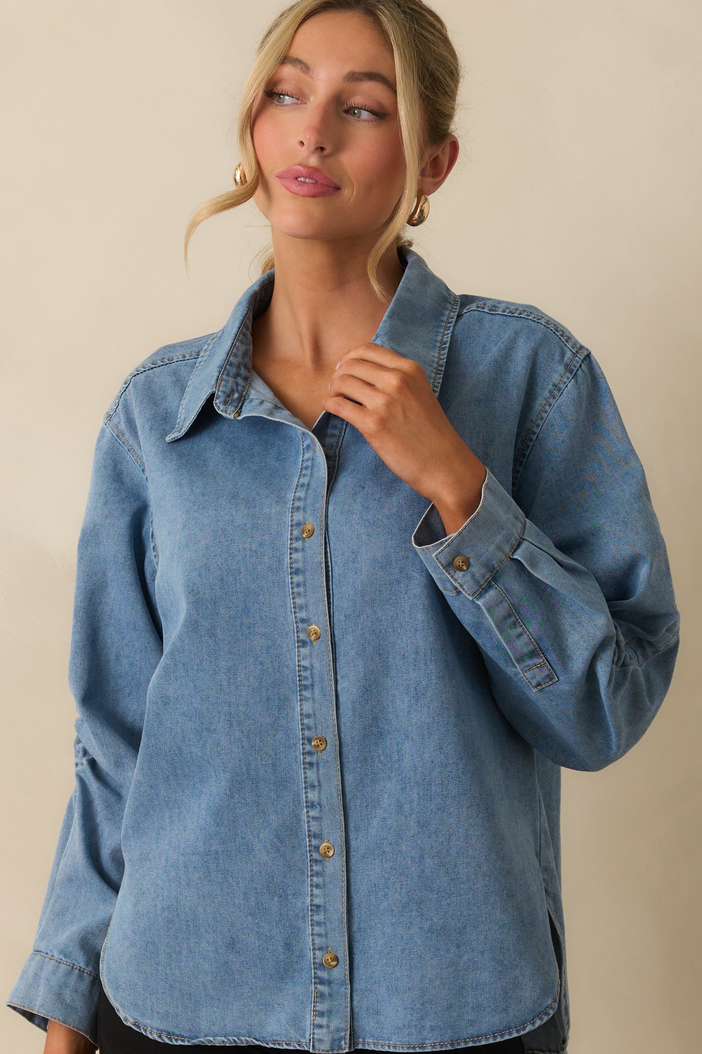 Through Every Change Light Wash Cotton Denim Button Up Top