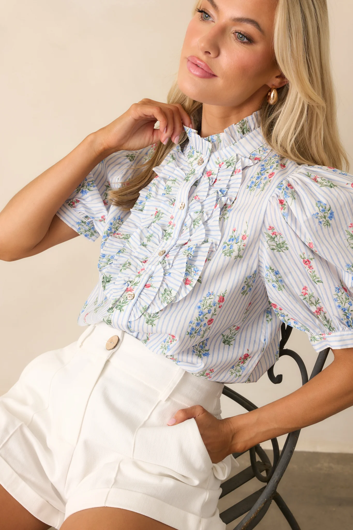 Things Happen Light Blue Stripe Floral Cotton Button Front Top