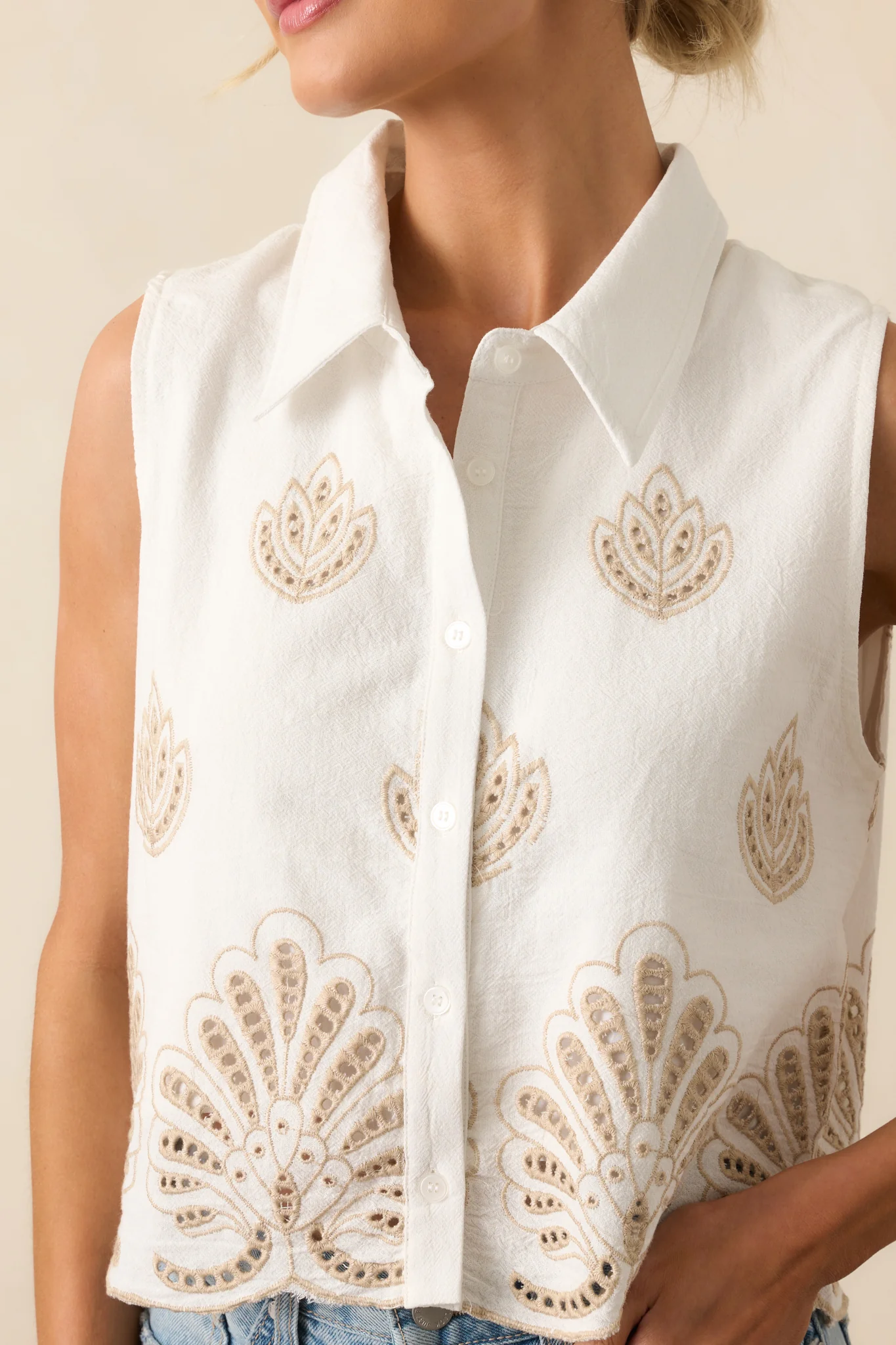 Trust The Timing Ivory Cotton Embroidered Eyelet Top