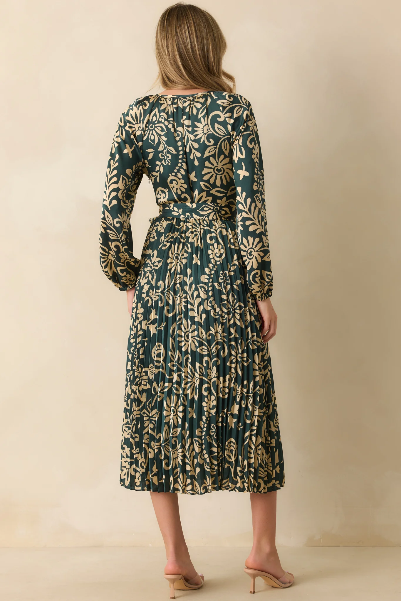 Dark Teal Floral Print Pleated Maxi Dress