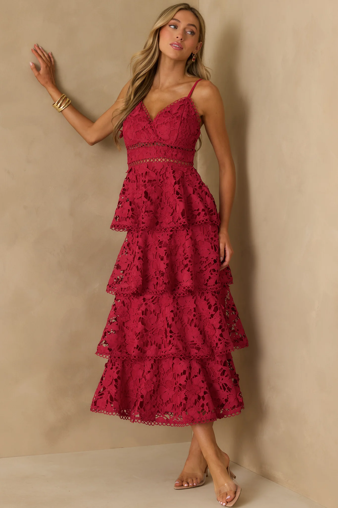 Got My Attention Red Floral Guipure Lace Tiered Maxi Dress