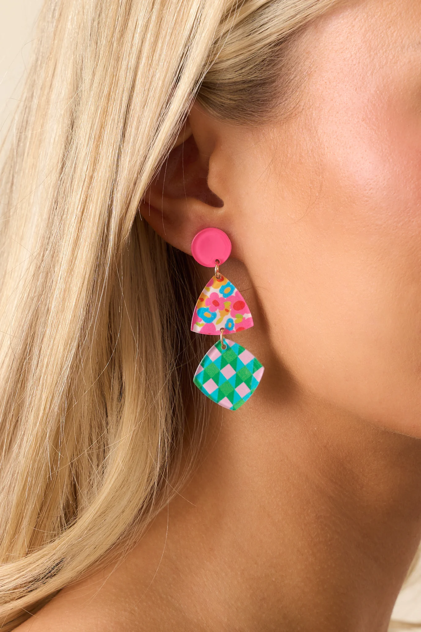 The Journey Begins Pink Geometric Drop Earrings