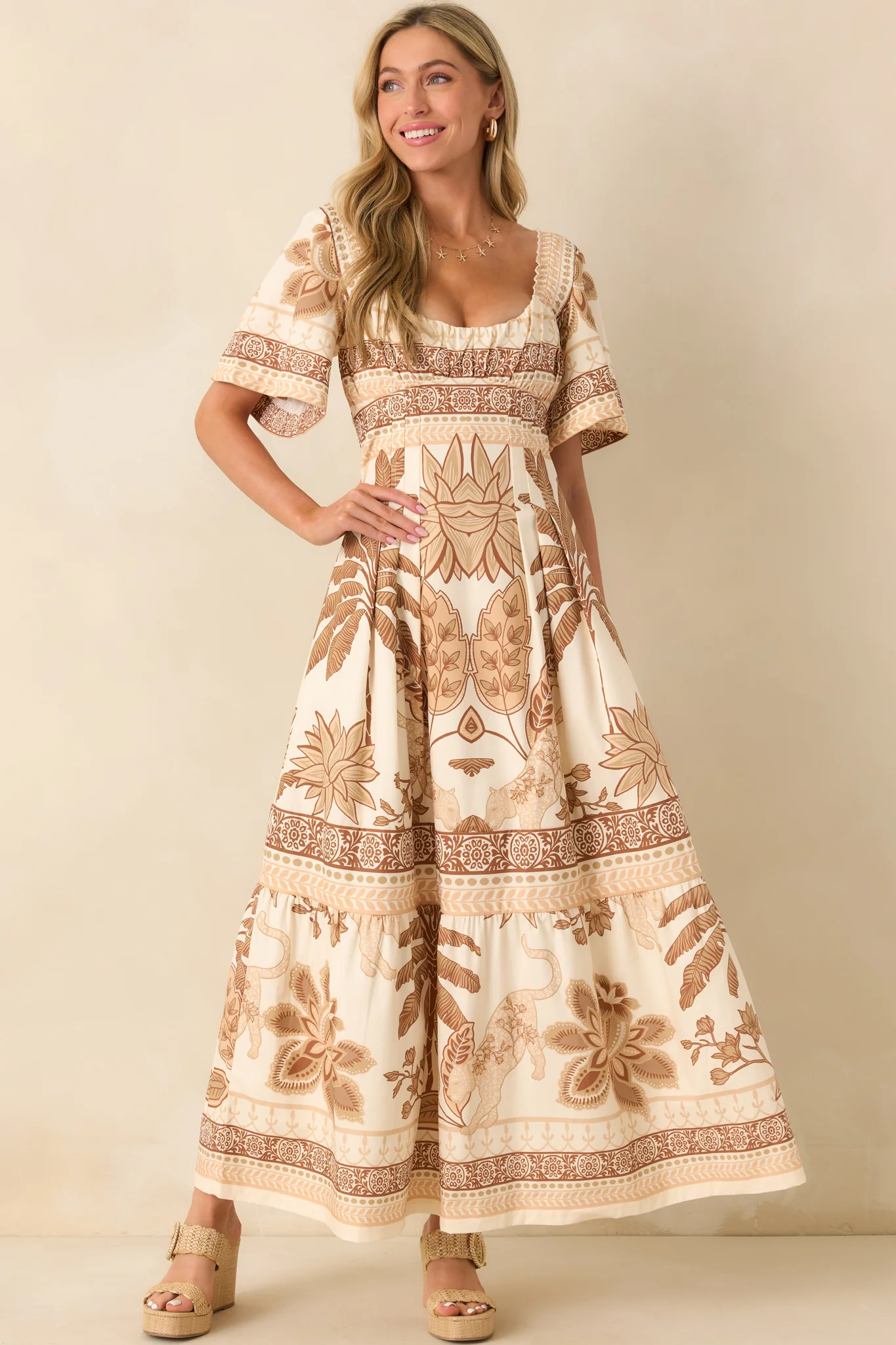 Aylaya Beige Multi Print Cotton Lisbon Maxi Dress