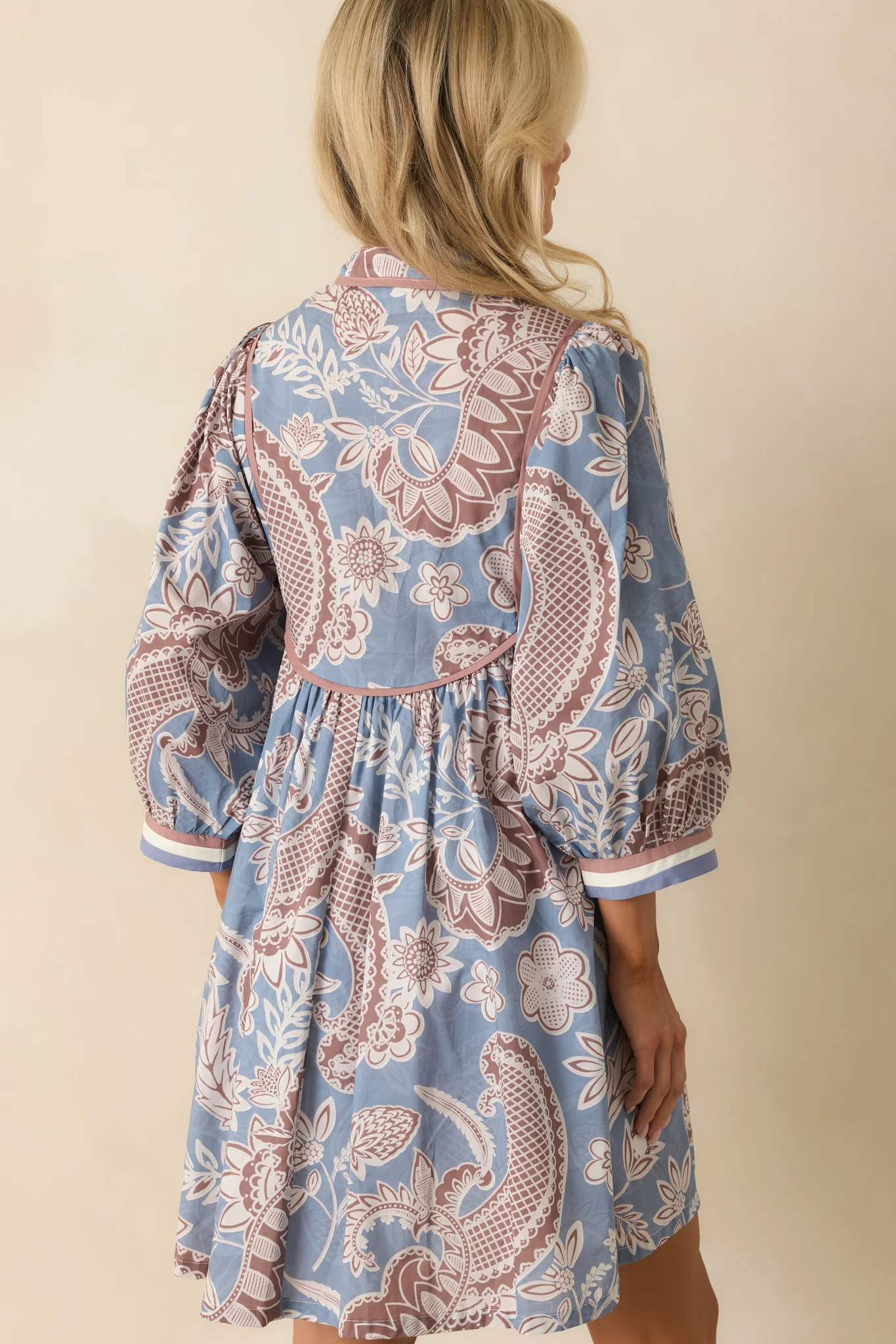Crisp Morning Air Ash Blue Floral Cotton Quarter Sleeve Mini Dress