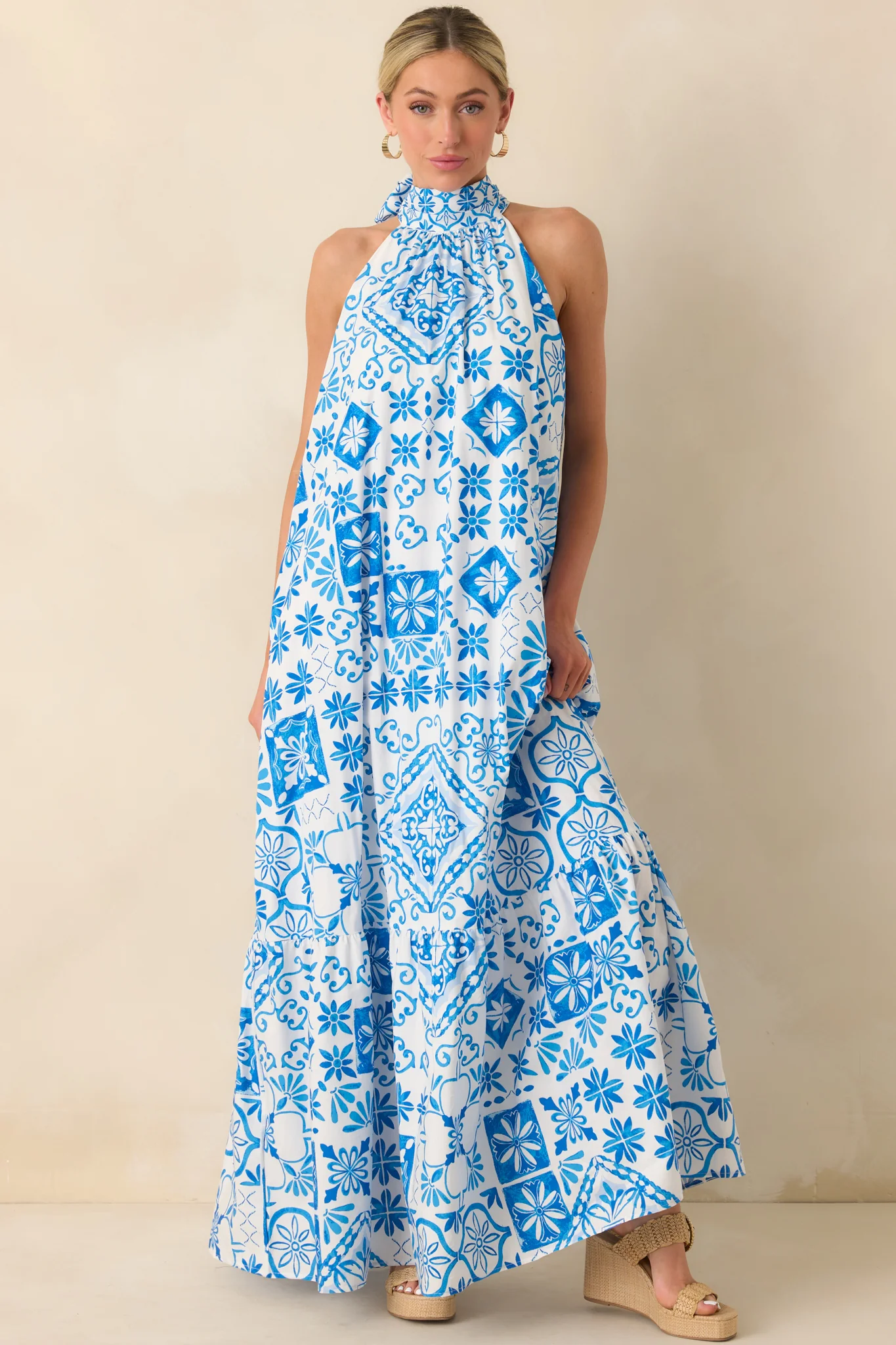 Prosperina Rebecca Blue Tile Print Cotton Halter Maxi Dress