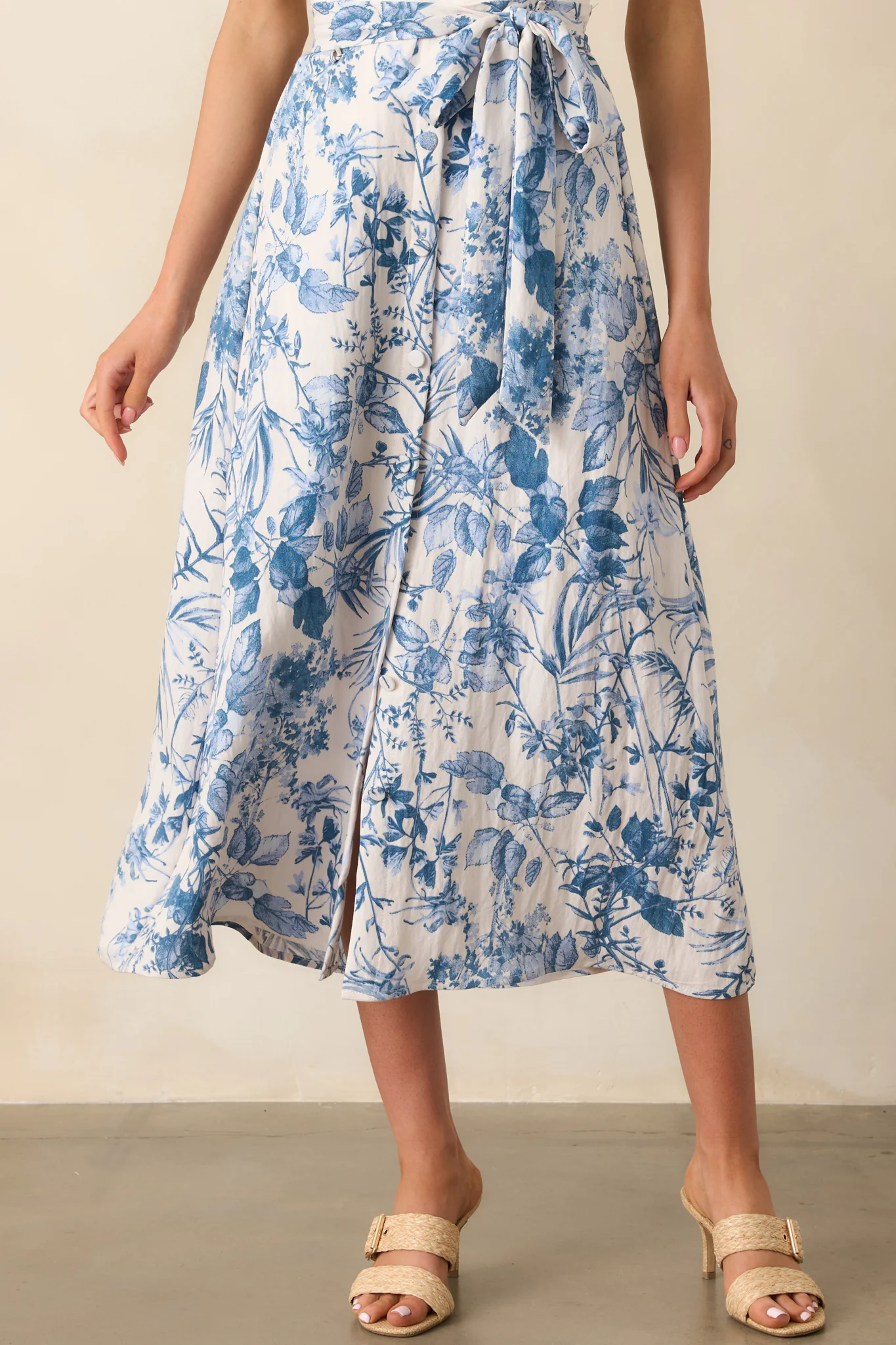 Don't Need A Reason Blue Floral Rayon Belted Midi Skirt
