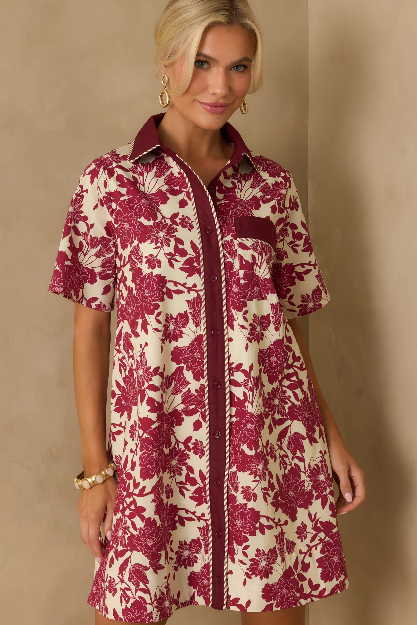 Right Where I Belong Burgundy Multi Floral Print Mini Shirt Dress