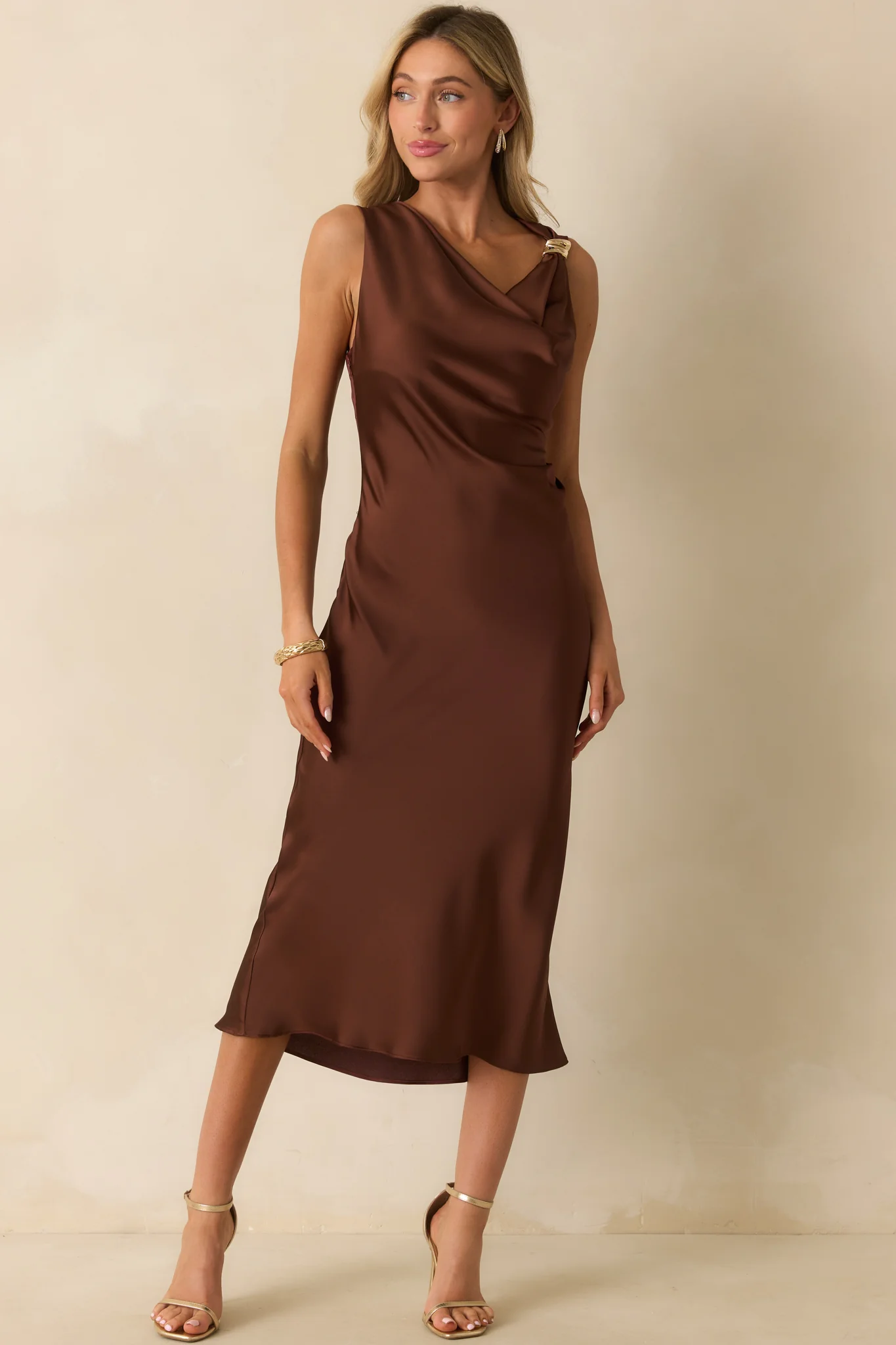 As I Expected Brown Satin Cowl Neck Sleeveless Midi Dress