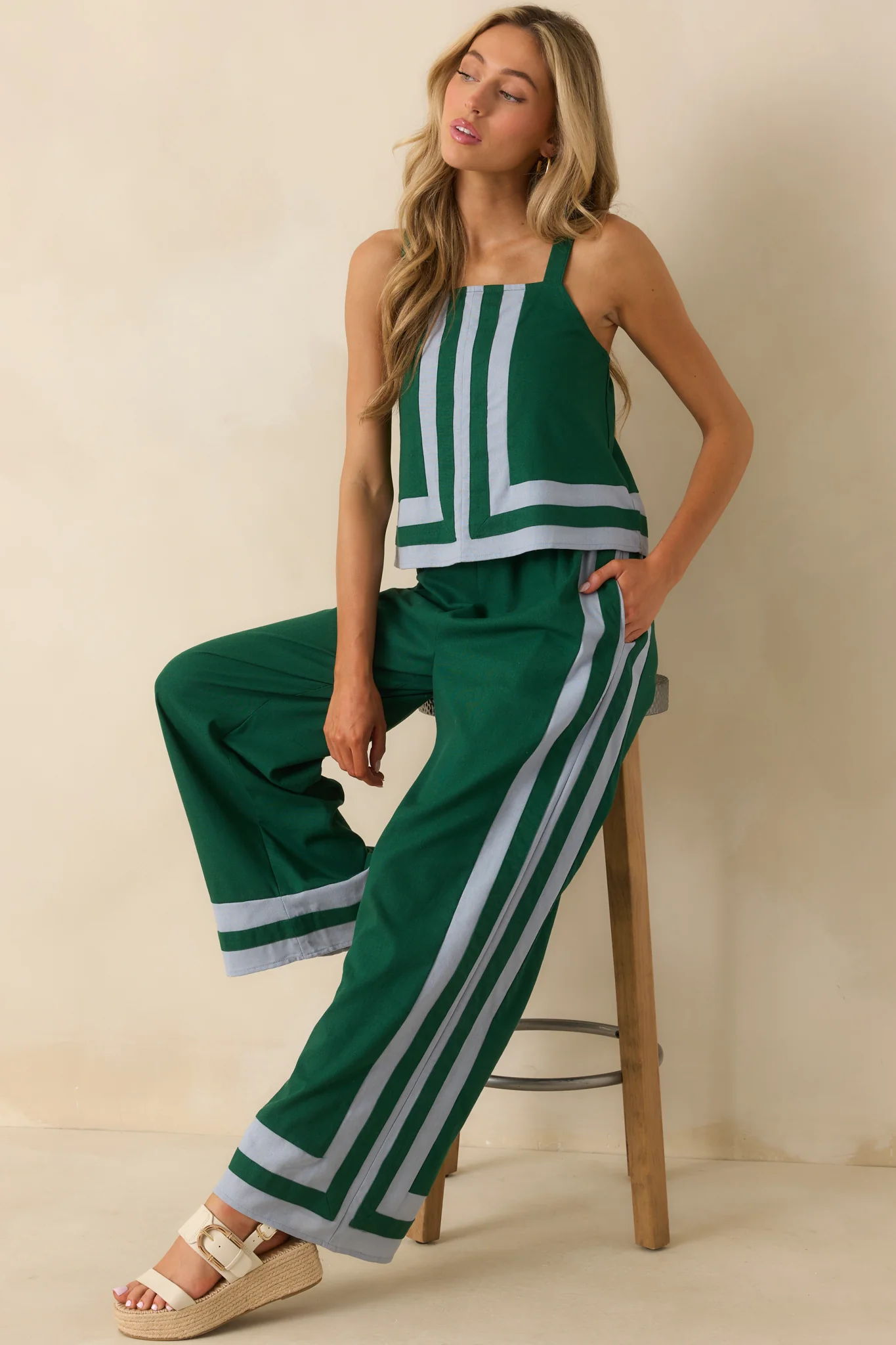 Time On My Hands Green Linen Blend Contrast Trim Crop Top