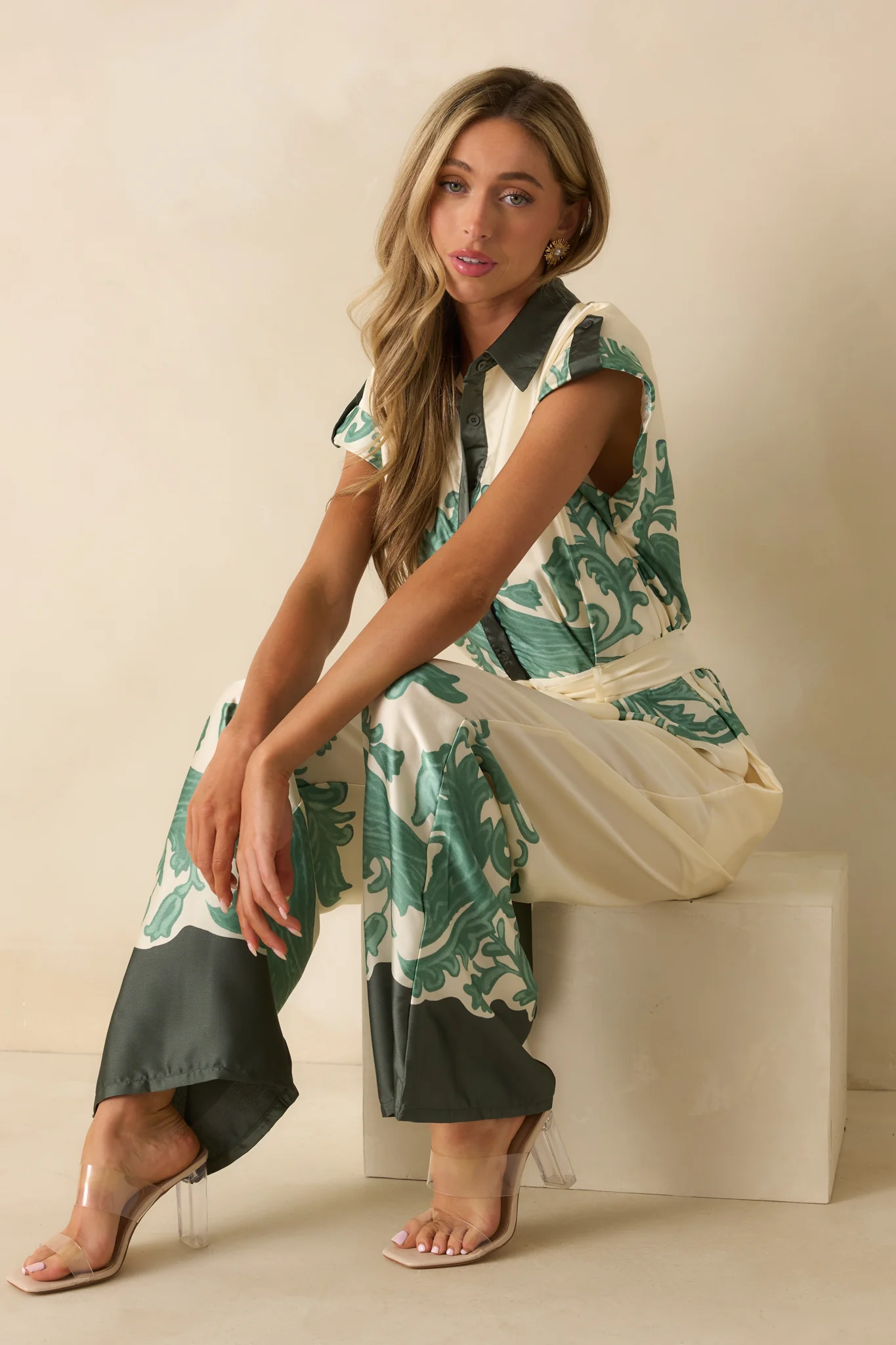Green Multi Print Button-Up Wide-Leg Jumpsuit