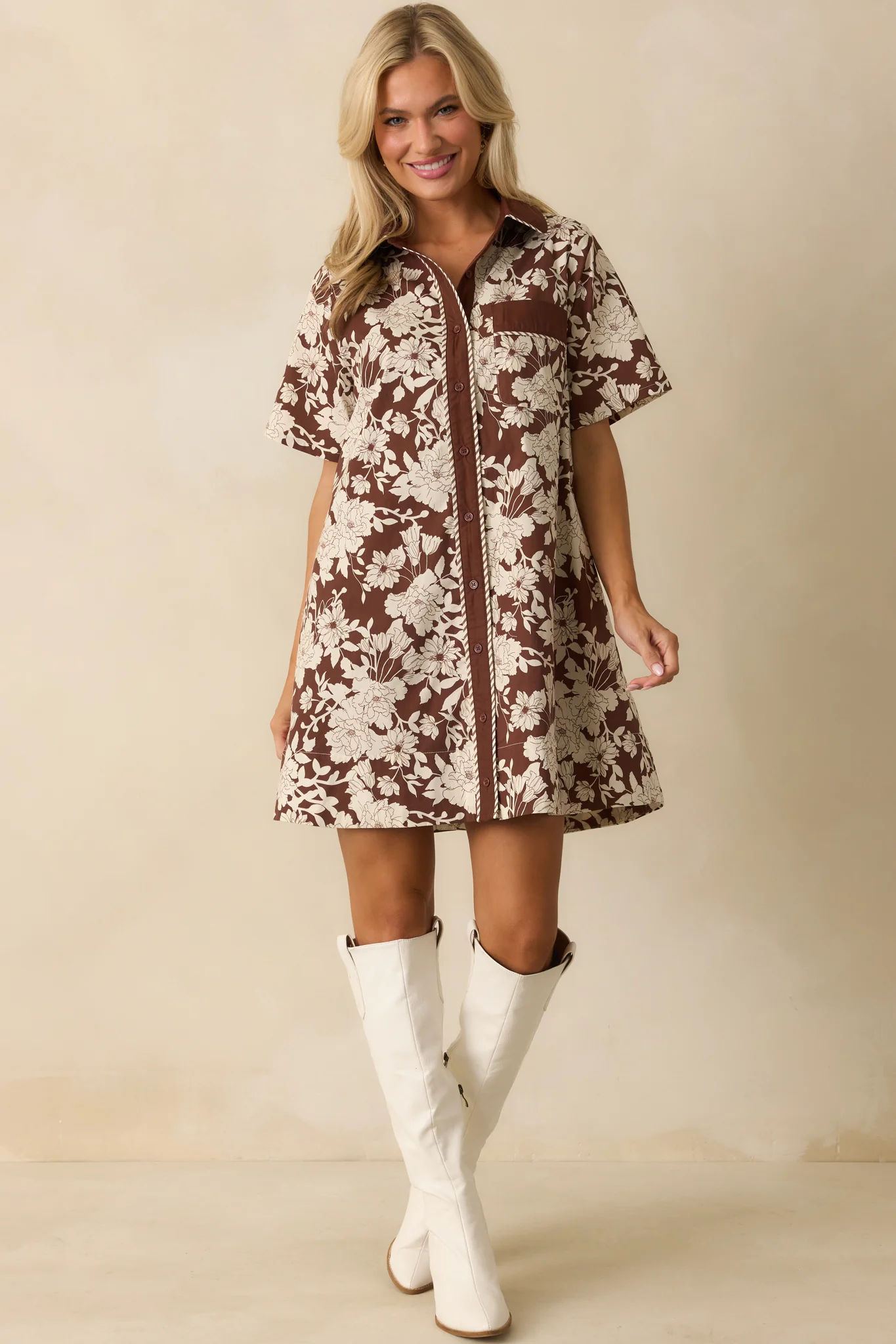 Right Where I Belong Brown Multi Floral Print Mini Shirt Dress