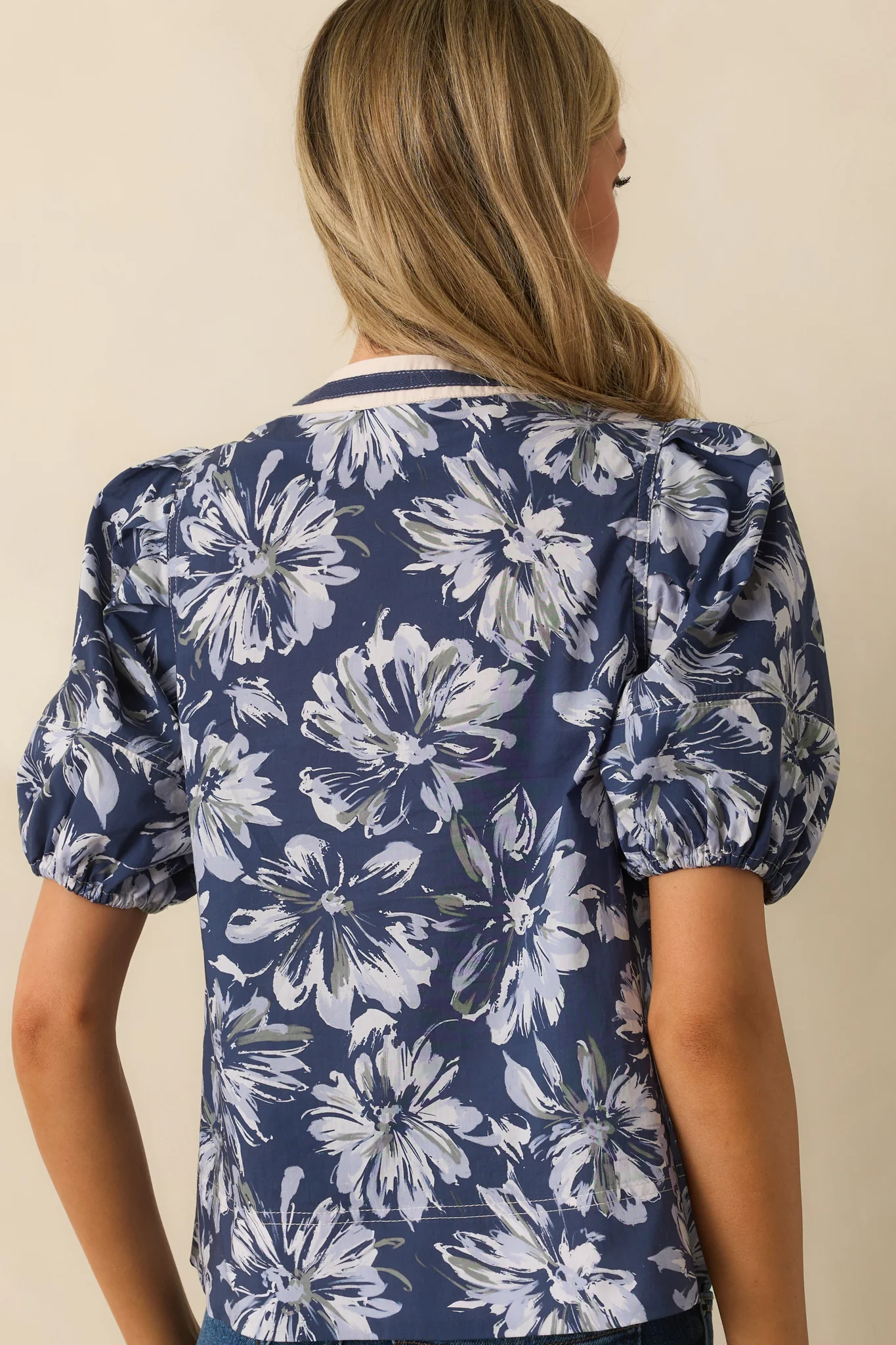 A Good Sign Navy Floral Print Cotton Puff Sleeve Top