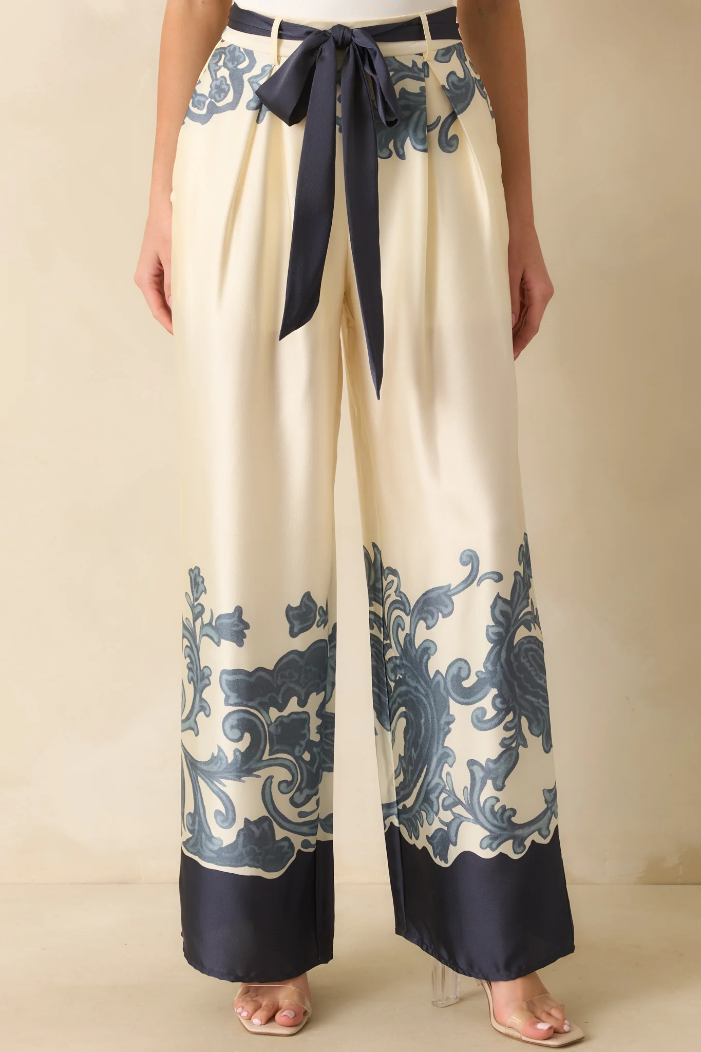 Navy Multi Print Belted Wide Leg Pants