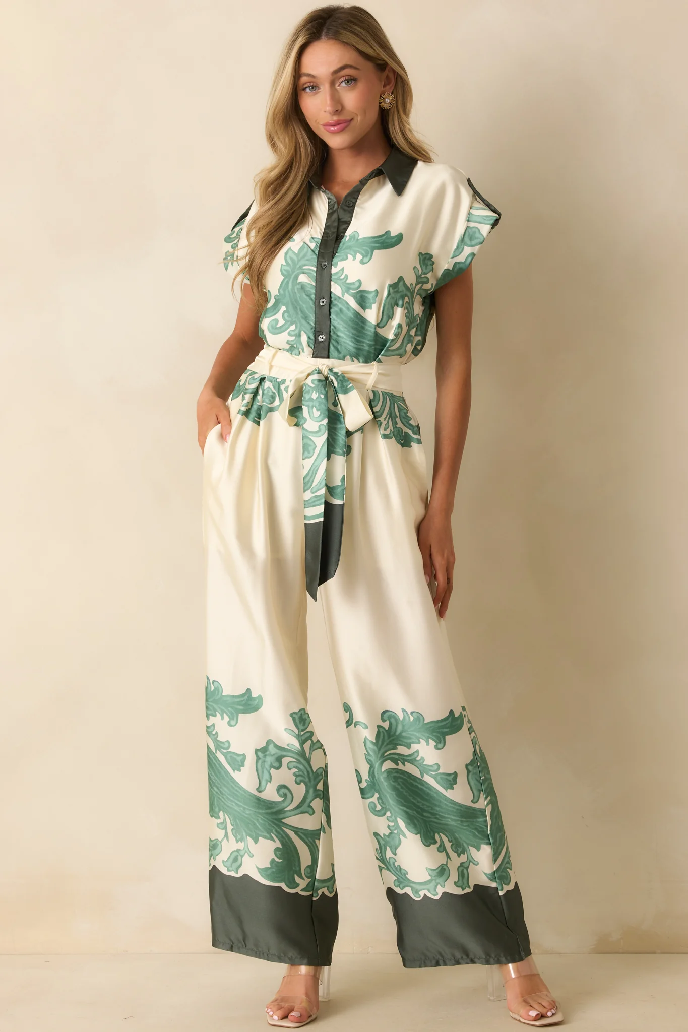 Green Multi Print Button-Up Wide-Leg Jumpsuit