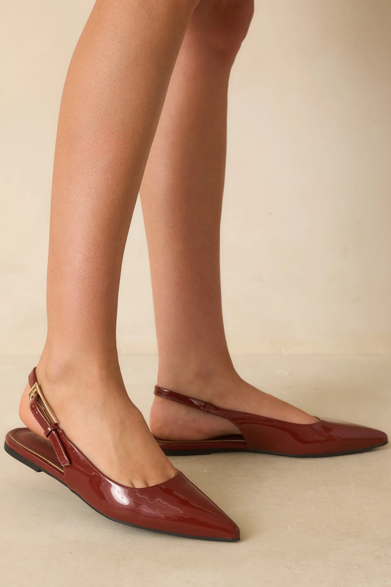 Take Notes Copper Brown Patent Faux Leather Pointed Toe Slingback Flats