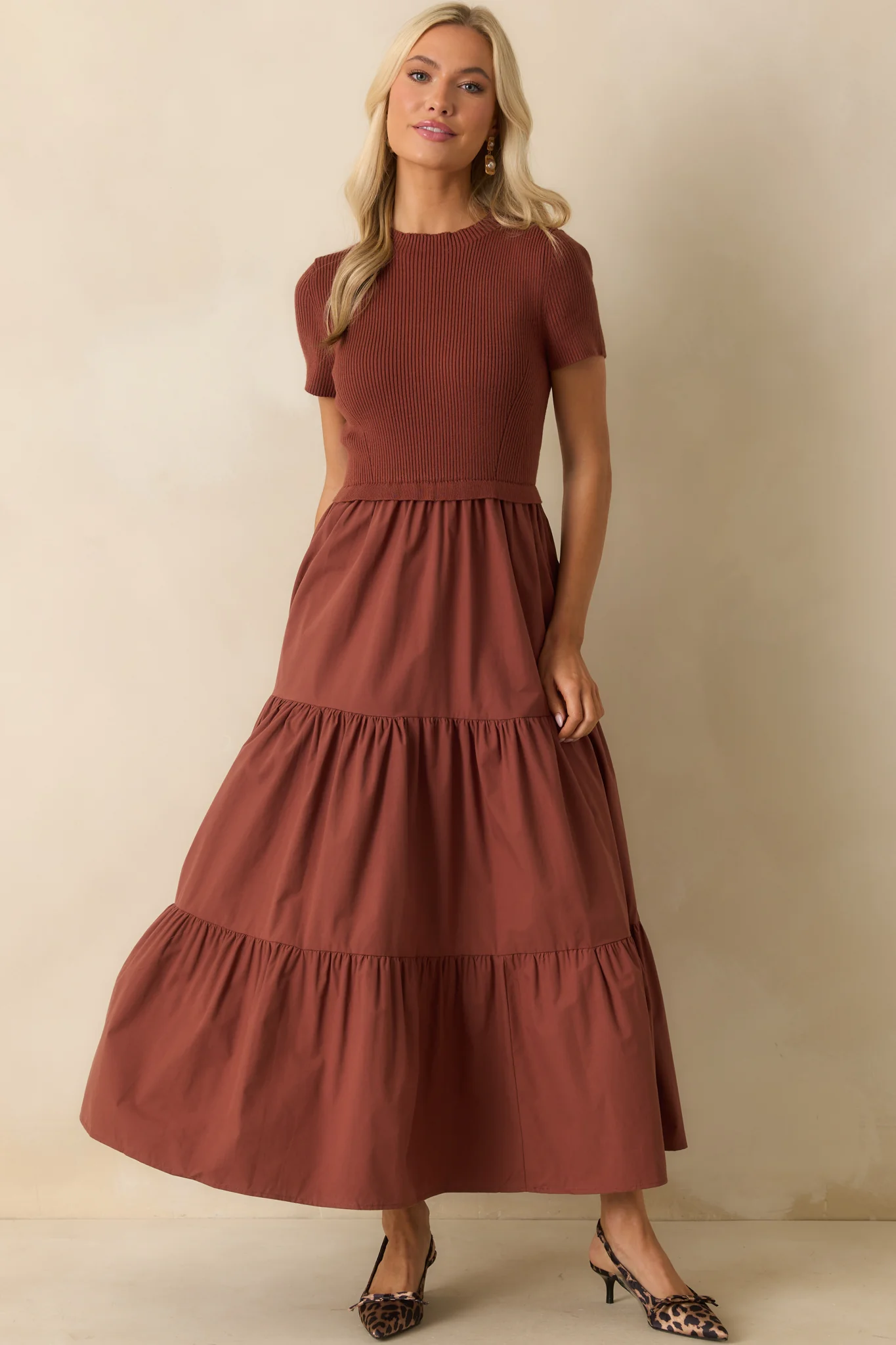 No Other Way Rust Ribbed Knit Bodice Short Sleeve Maxi Dress