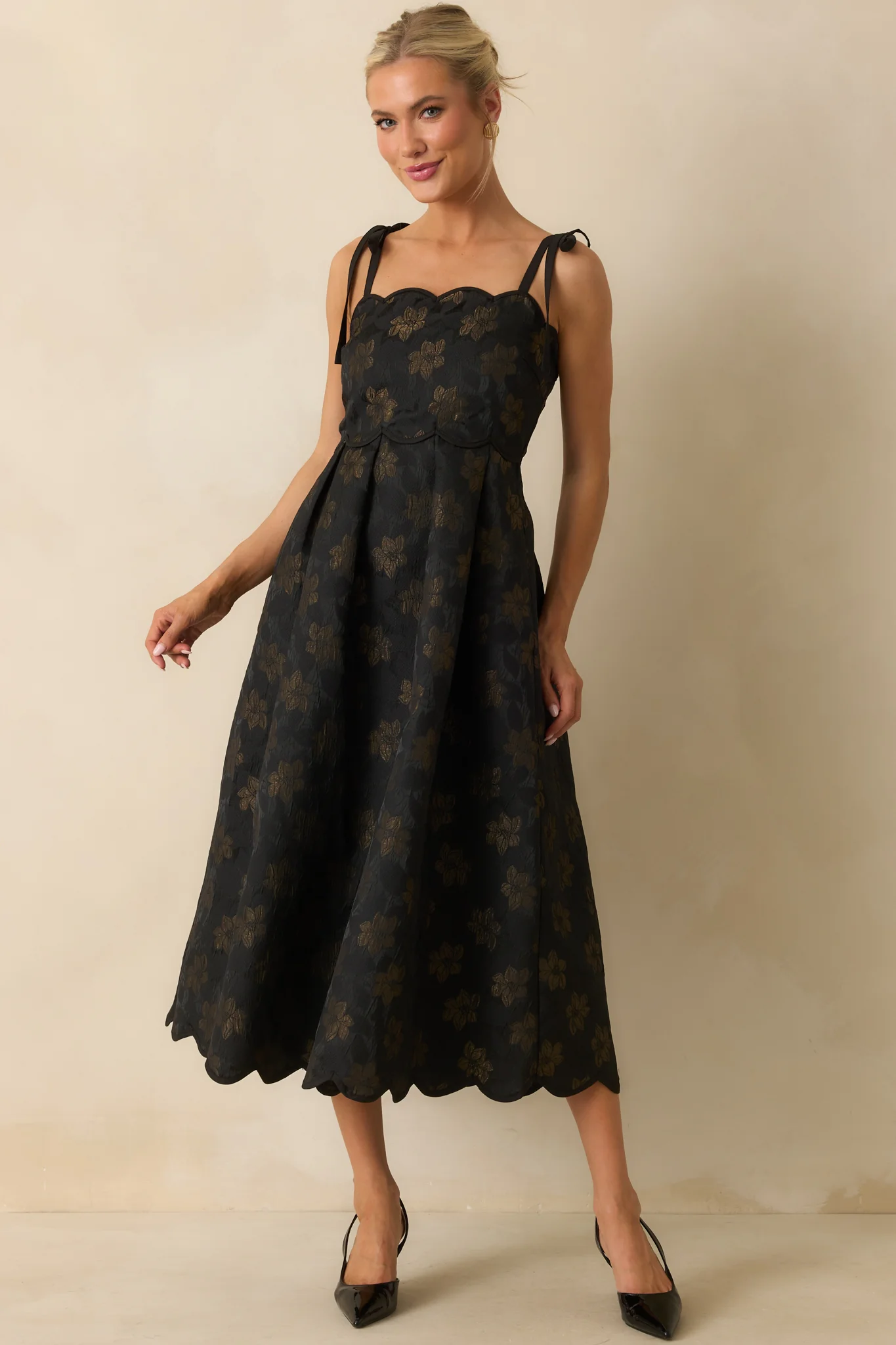 No Better Way Black Floral Jacquard Scallop Hem Midi Dress