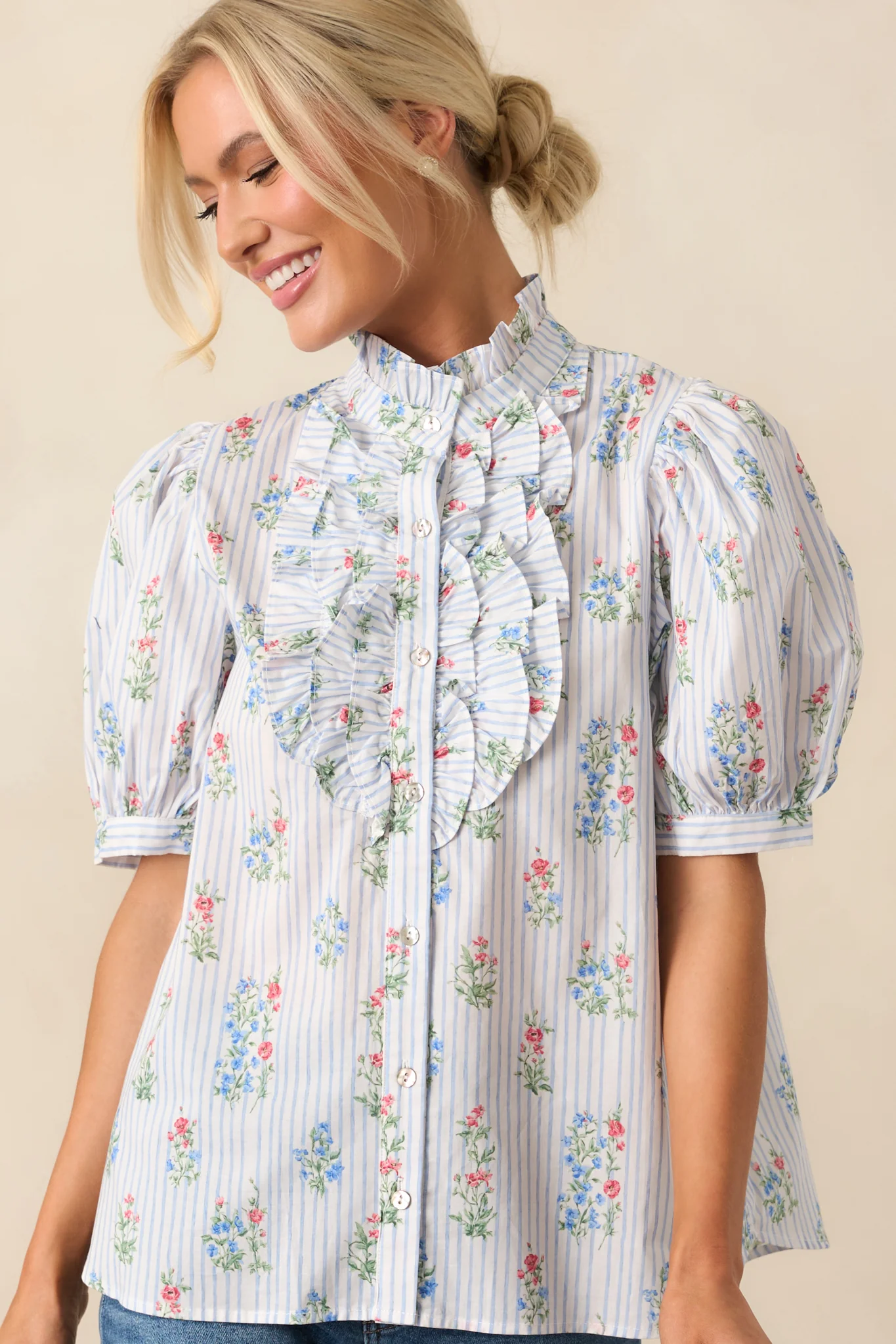 Things Happen Light Blue Stripe Floral Cotton Button Front Top