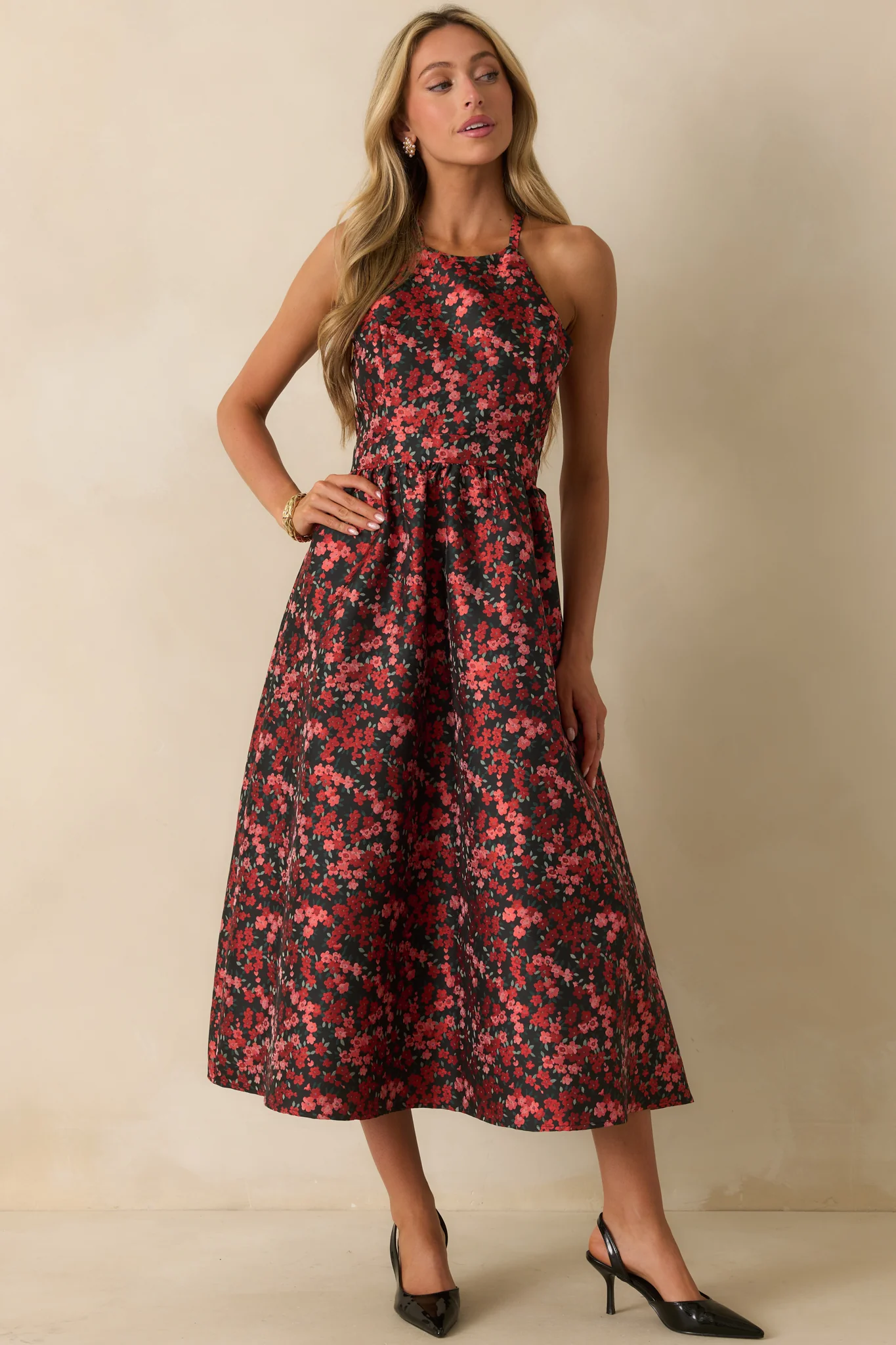 Worth Every Second Red Multi Floral Jacquard Halter Midi Dress