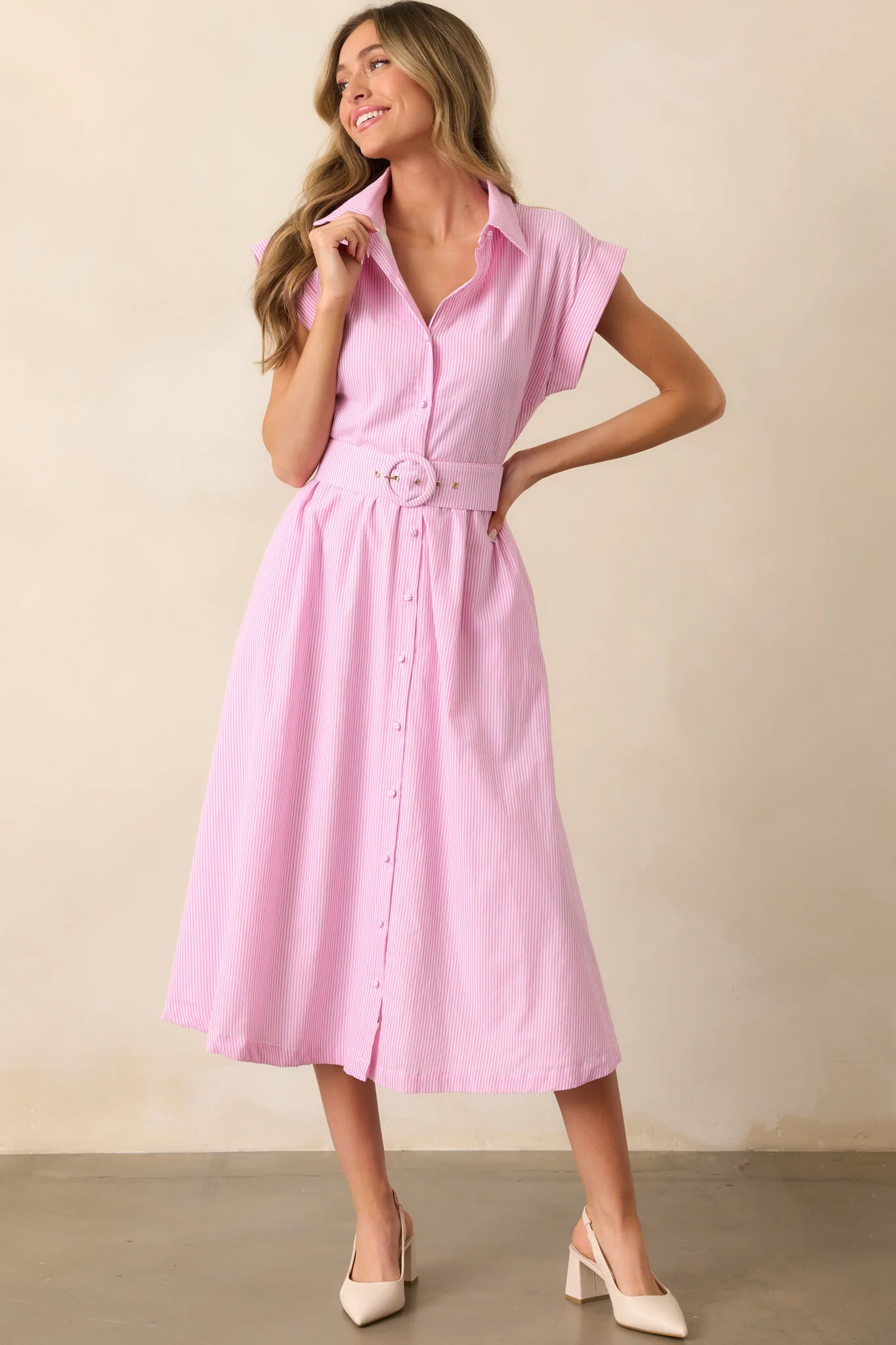 Gia Peony Pink Stripe Belted Cotton Midi Dress
