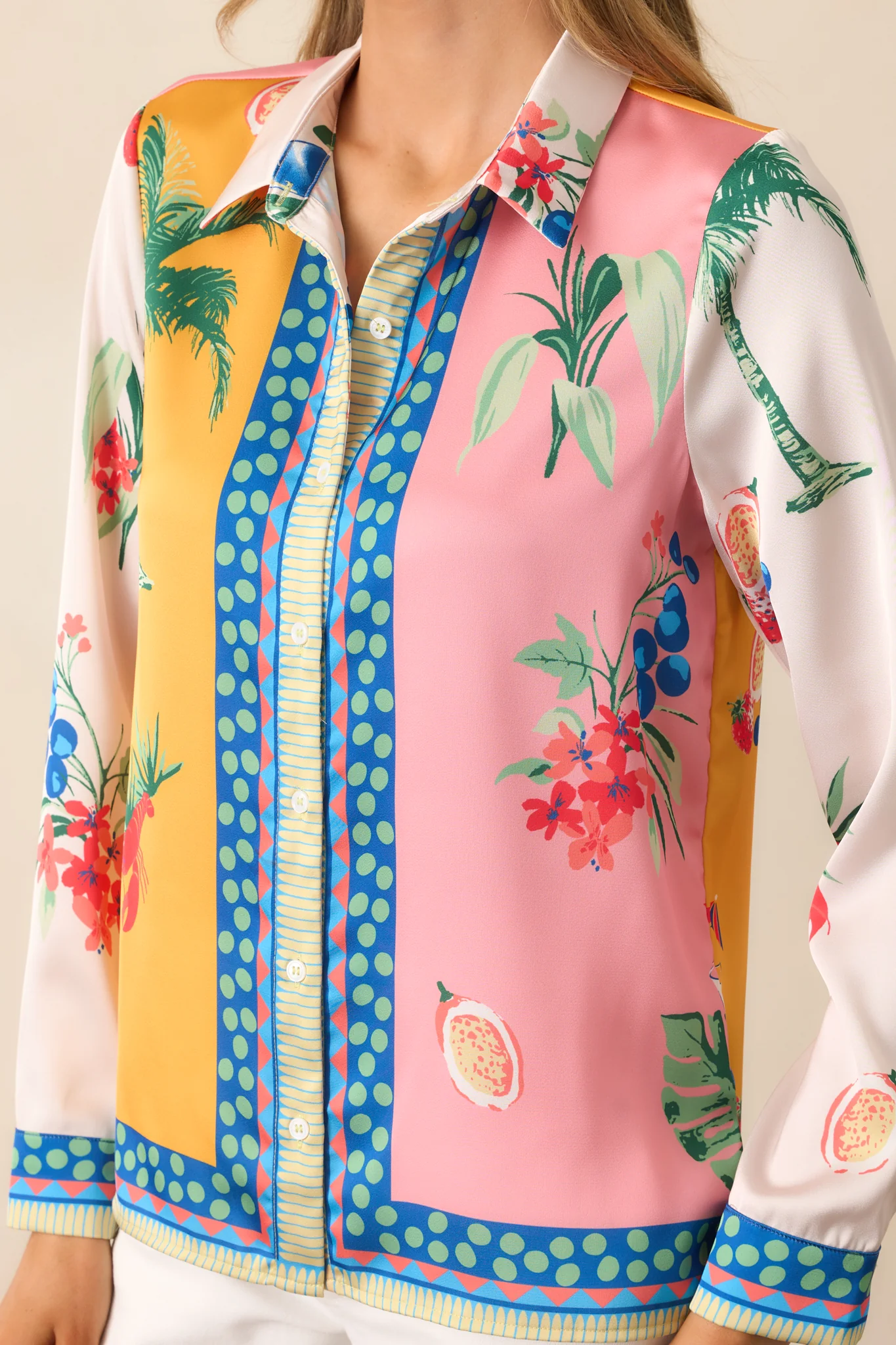 Go With The Flow Yellow Colorblock Coastal Print Button Front Top