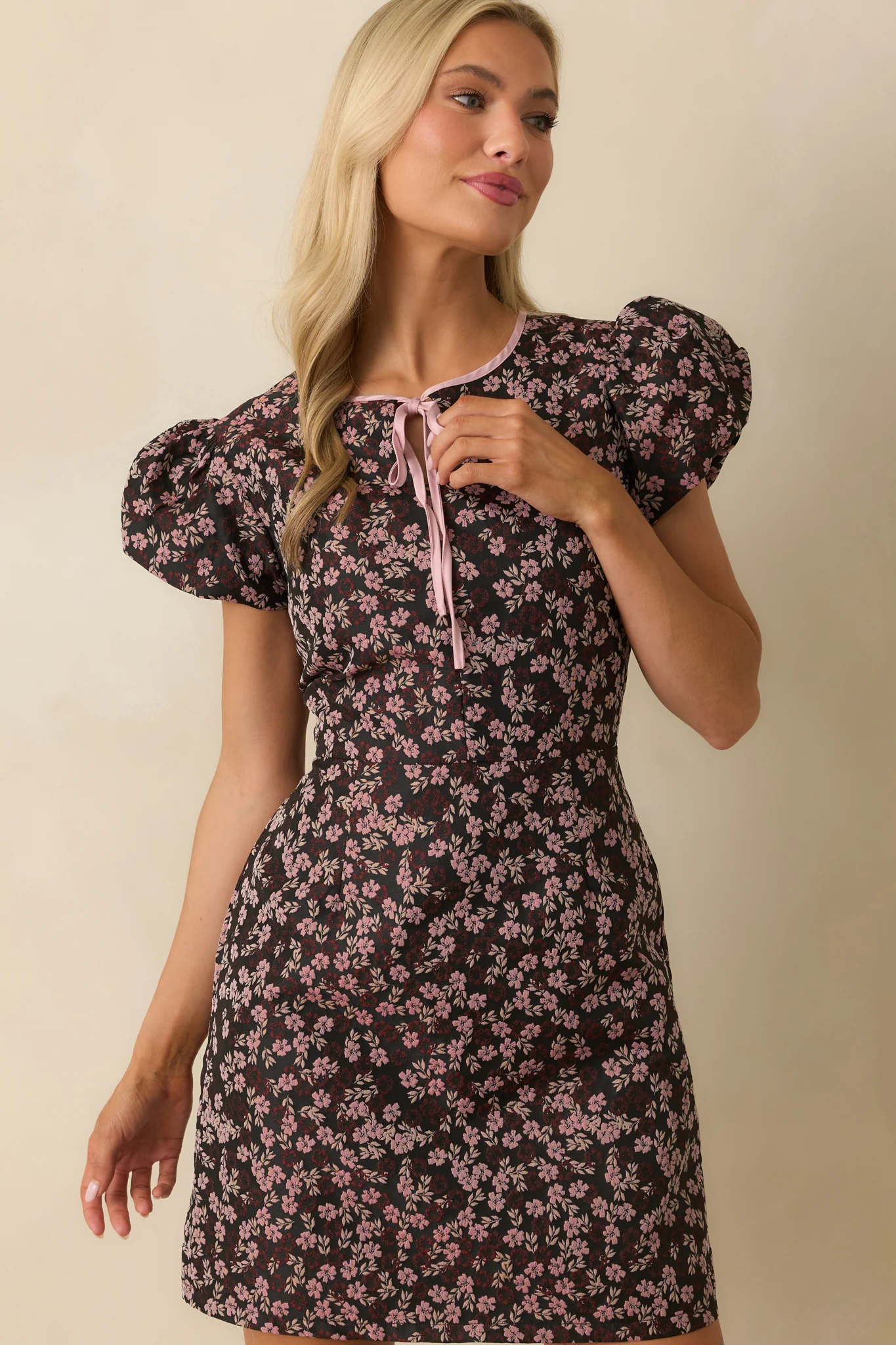 Speaks For Itself Pink Floral Jacquard Puff Sleeve Mini Dress