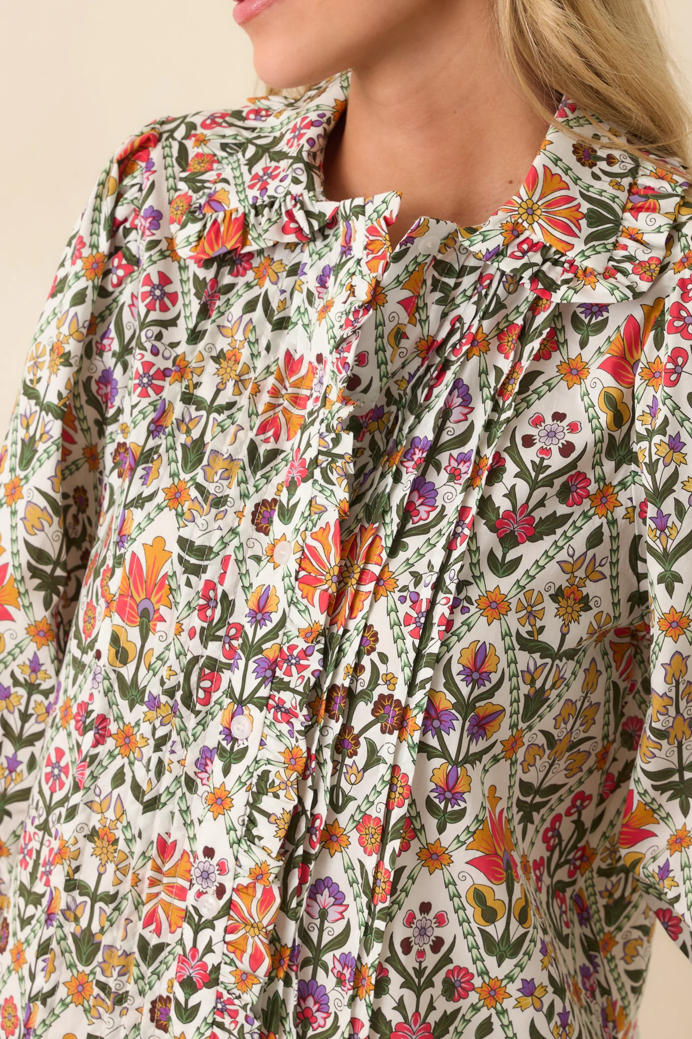 Seems Like It Red Multi Print Cotton Button Front Top