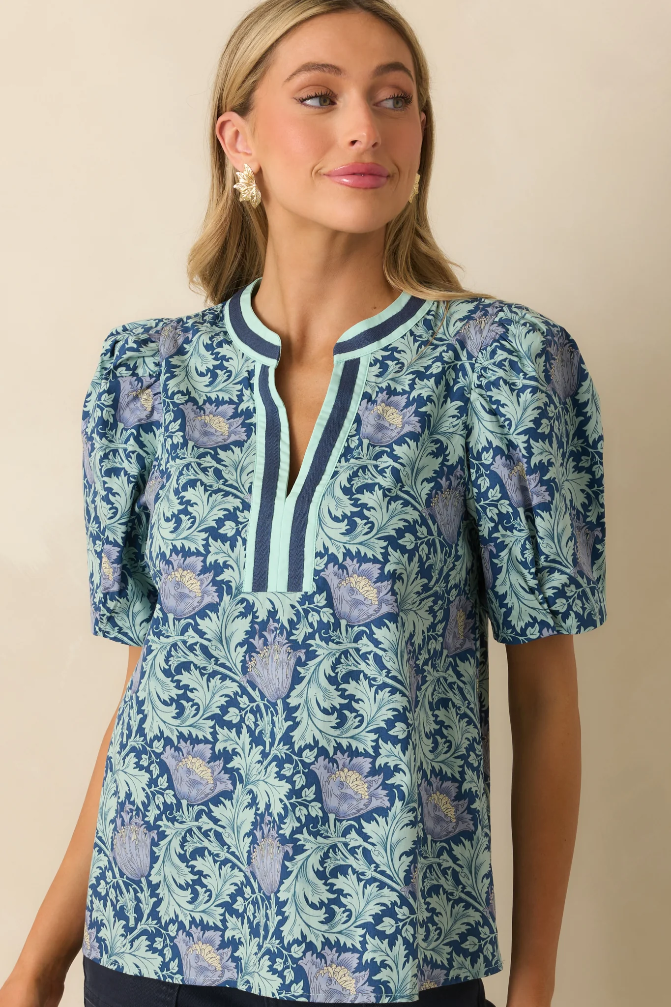 Nothing To Add Navy Multi Floral Print Cotton Puff Sleeve Top