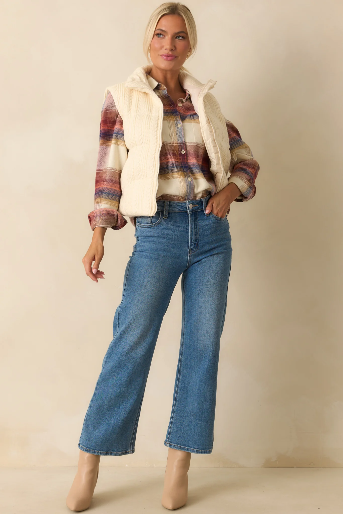 Thread & Supply Ivory Multi Plaid Cotton Desiree Shirt