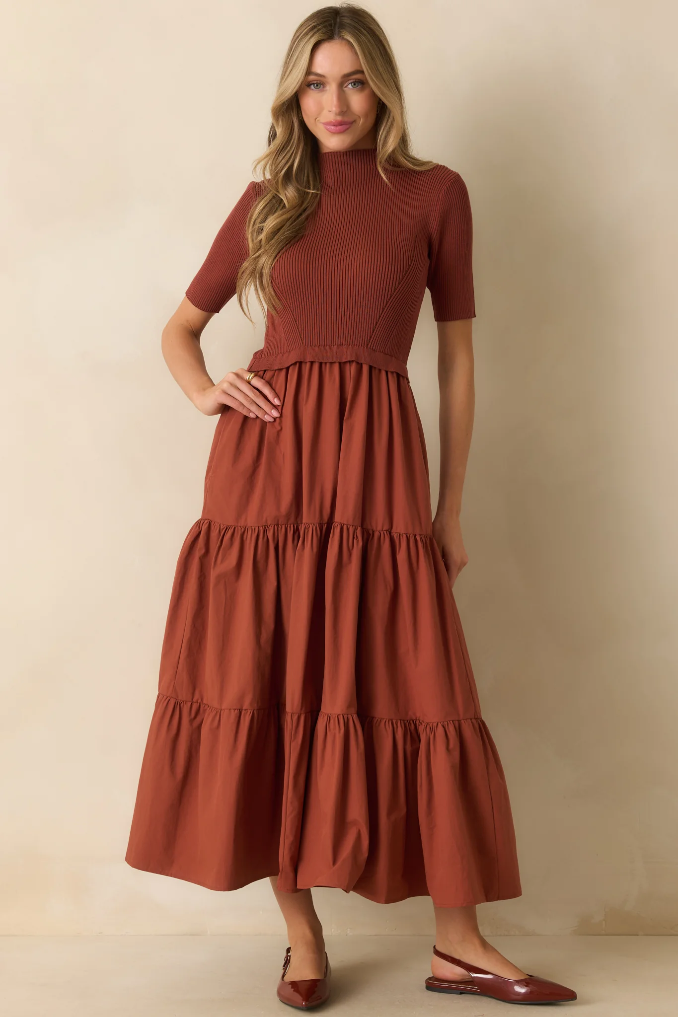 Rust Red Cotton Knit Short Sleeve Maxi Dress