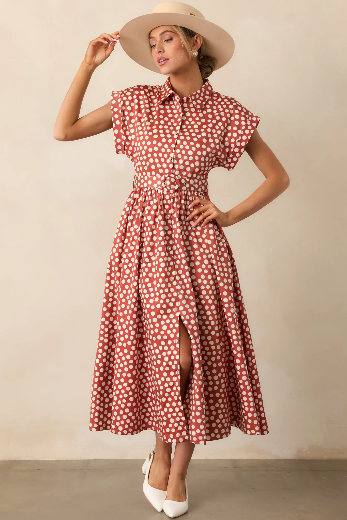 Prosperina Jocelyn Brick Red Polka Dot Cotton Maxi Dress