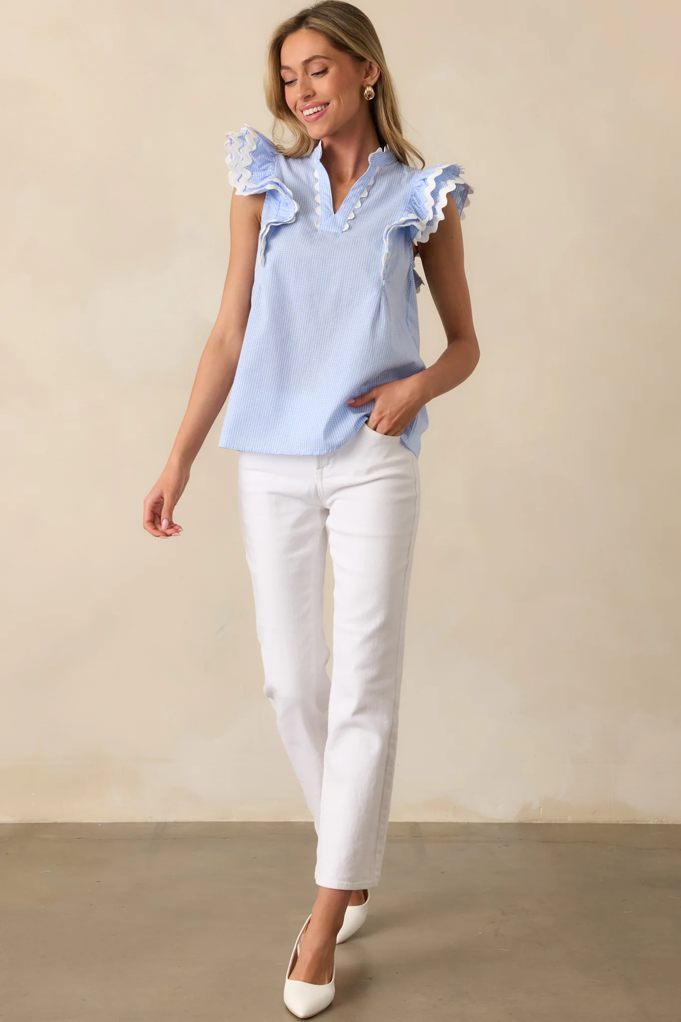 Caldwell Blue Micro Gingham Cotton Ruffle Top
