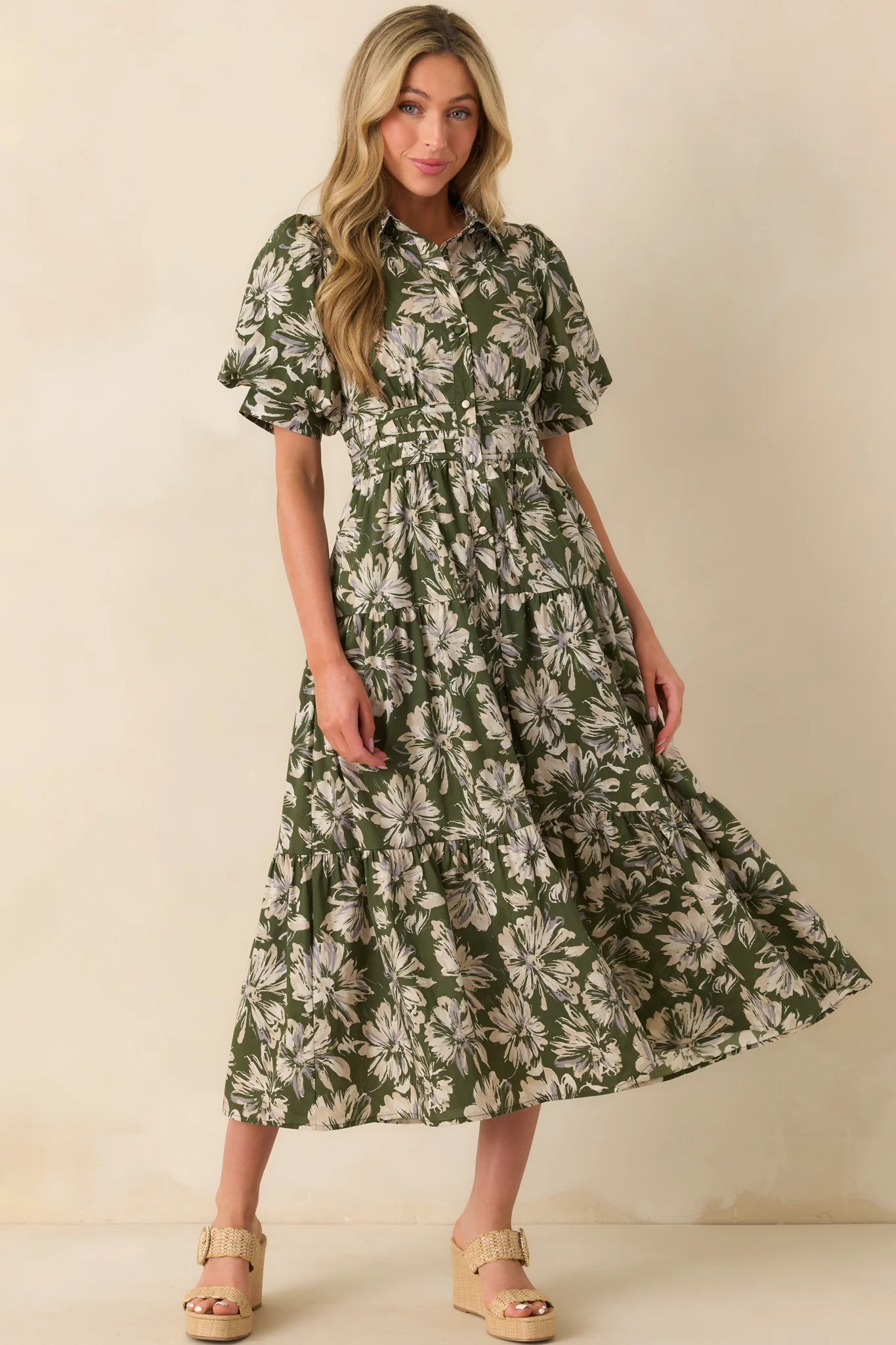 Slow Sundays Olive Green Floral Print Cotton Maxi Shirt Dress