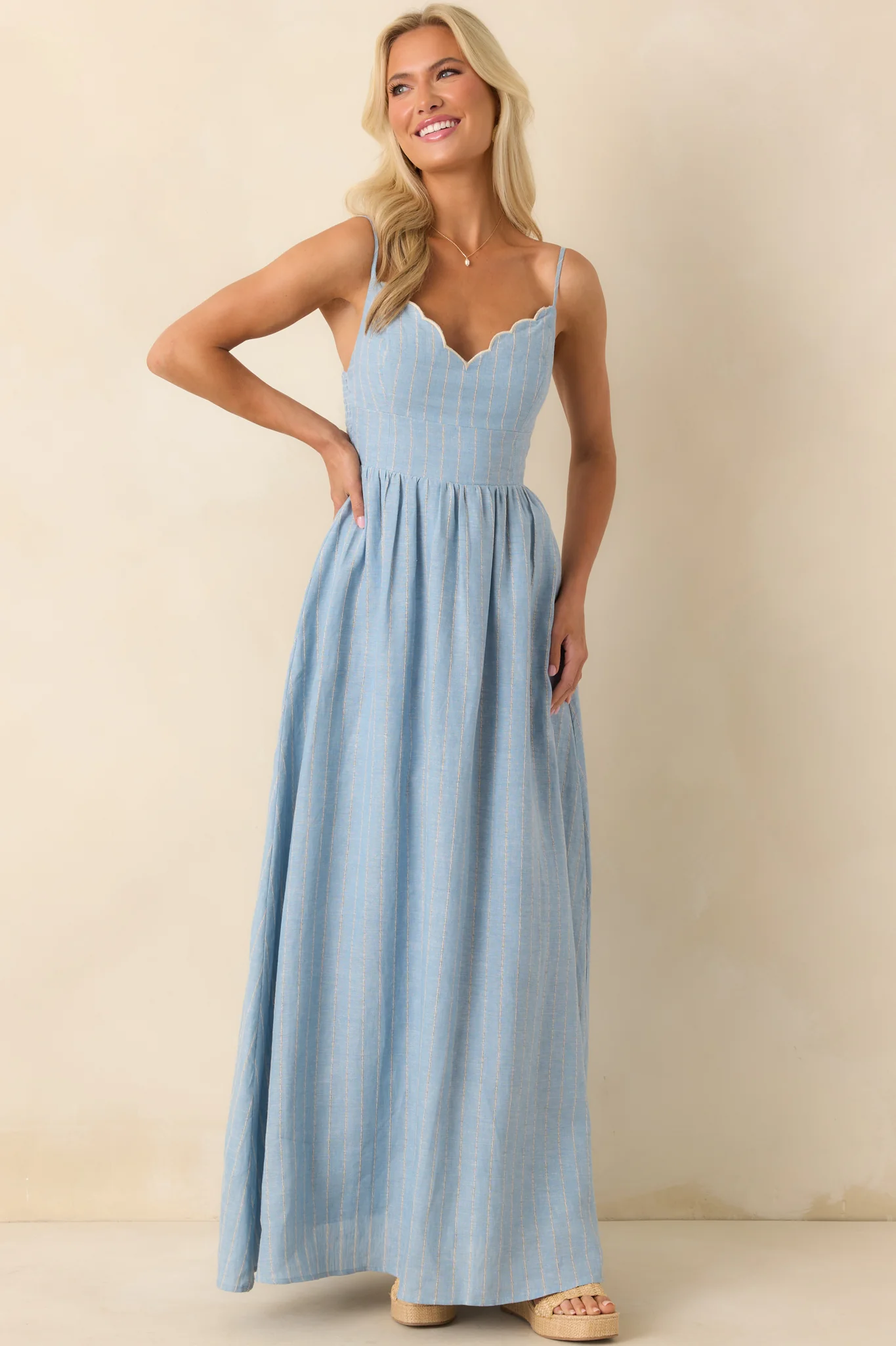 Aylaya Light Blue Stripe Linen Singapore Maxi Dress