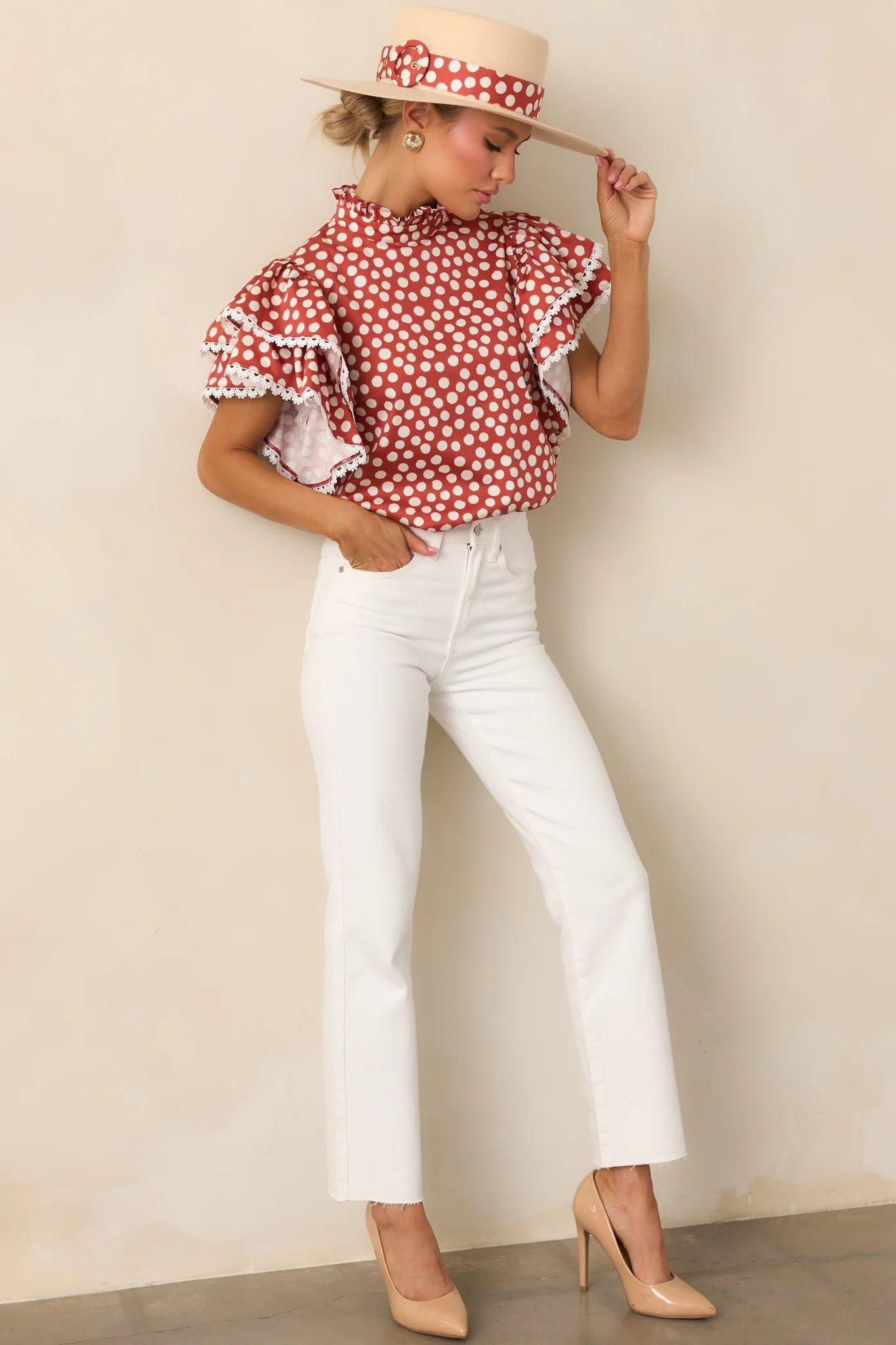 Prosperina Blair Brick Red Polka Dot Cotton Ruffle Top