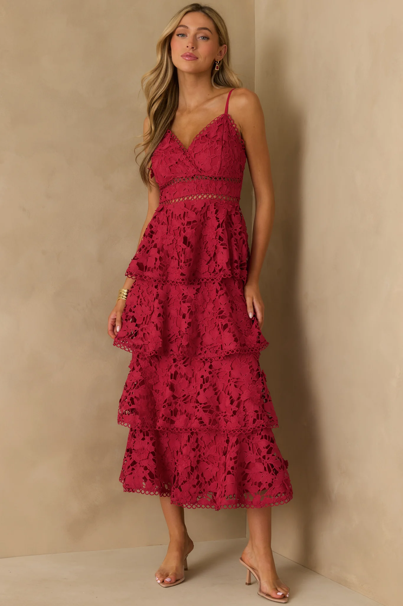 Got My Attention Red Floral Guipure Lace Tiered Maxi Dress