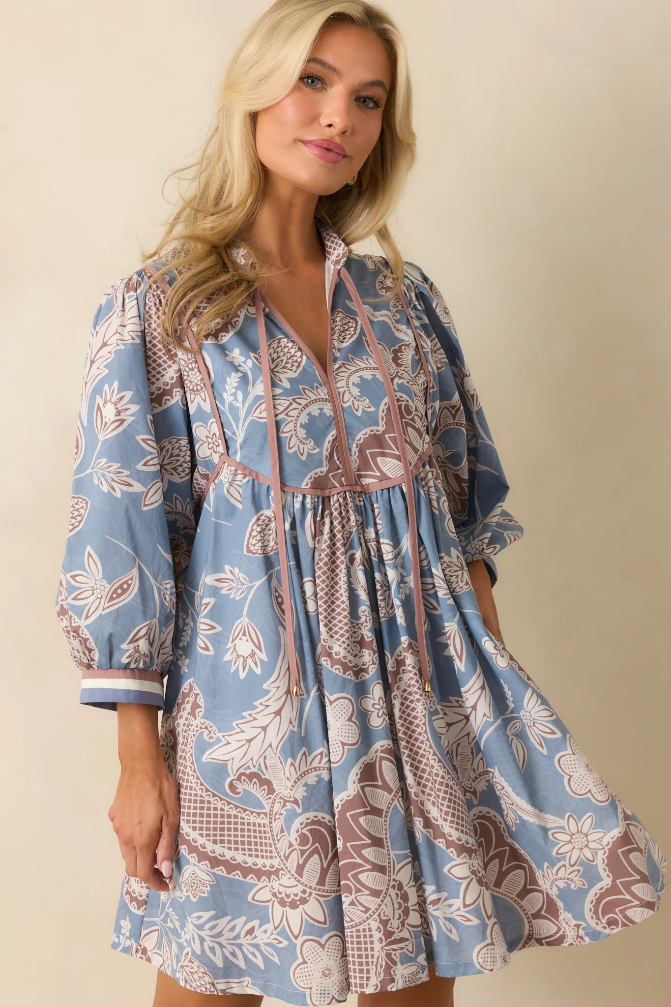 Crisp Morning Air Ash Blue Floral Cotton Quarter Sleeve Mini Dress