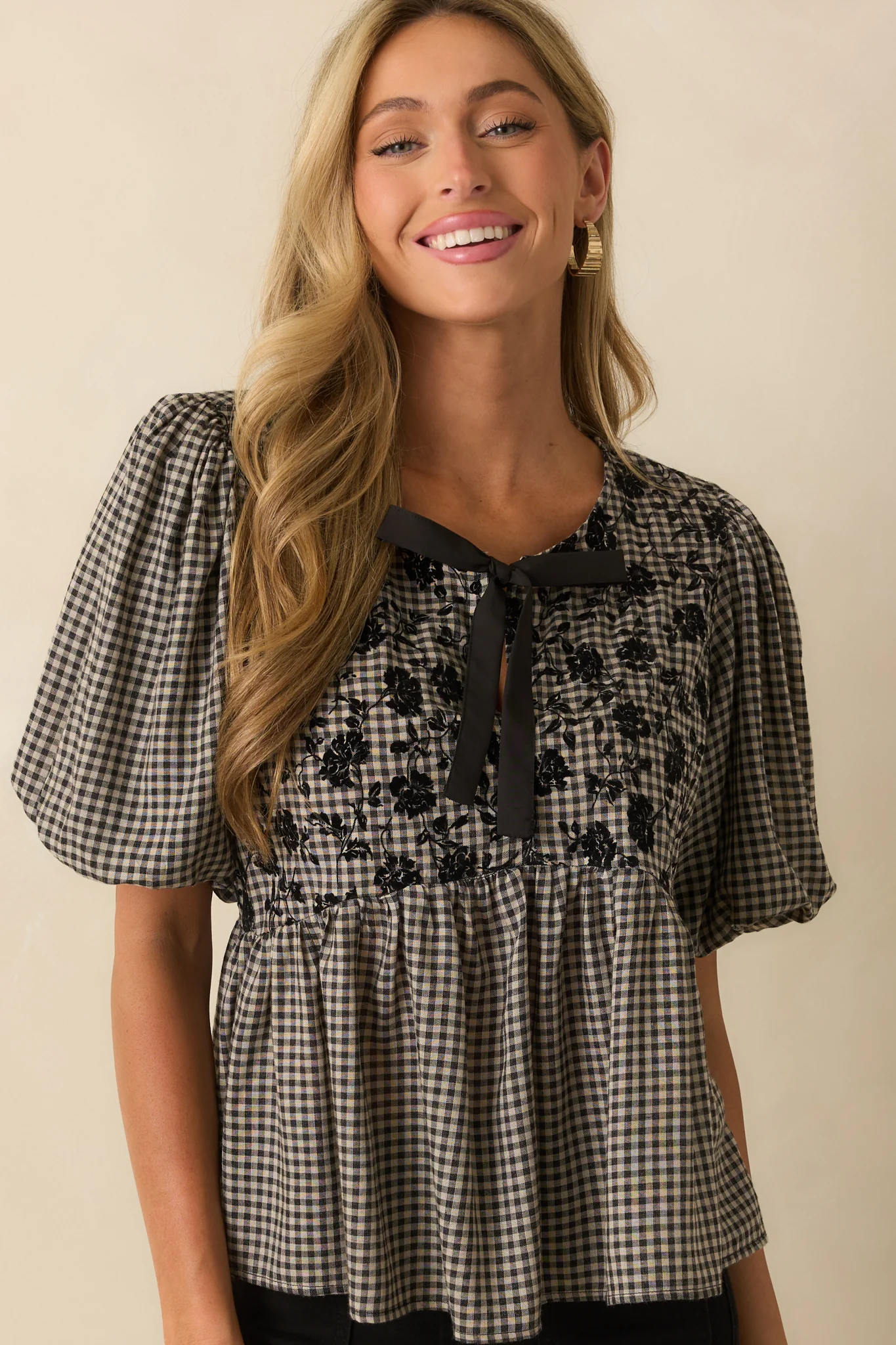 All That I Know Black Gingham Floral Print Puff Sleeve Peplum Top