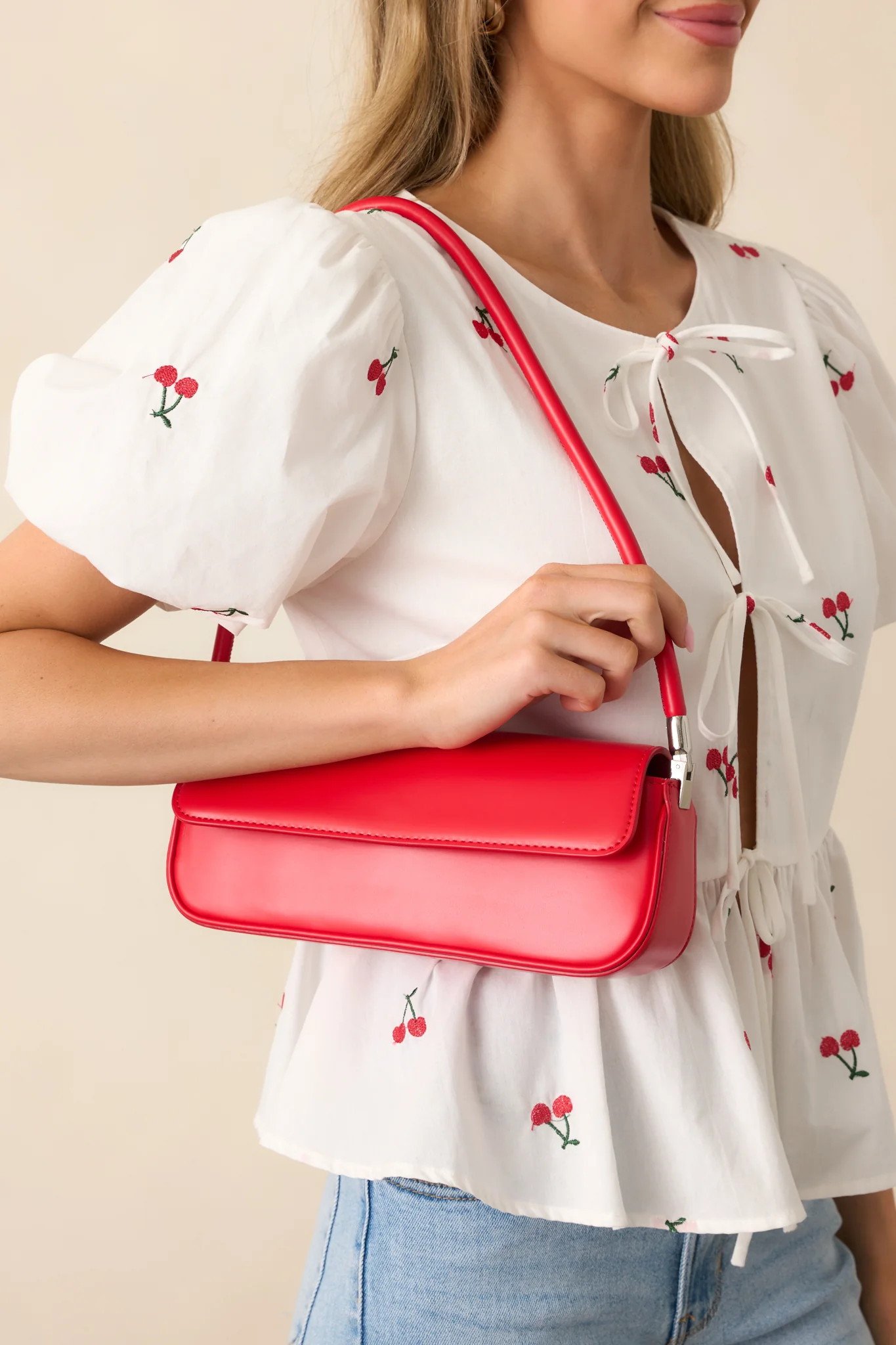 New York Nights Red Faux Leather Baguette Handbag