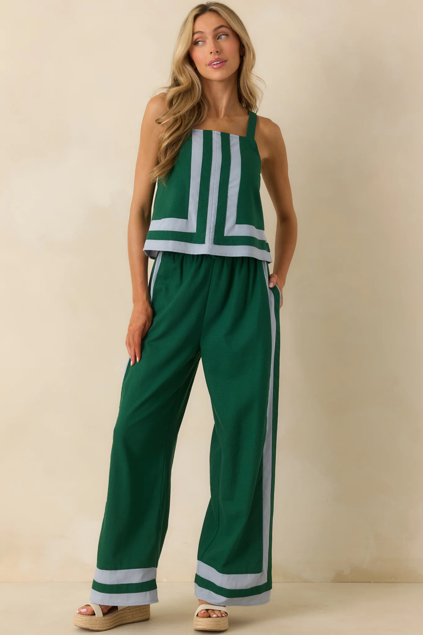 Time On My Hands Green Linen Blend Contrast Trim Crop Top