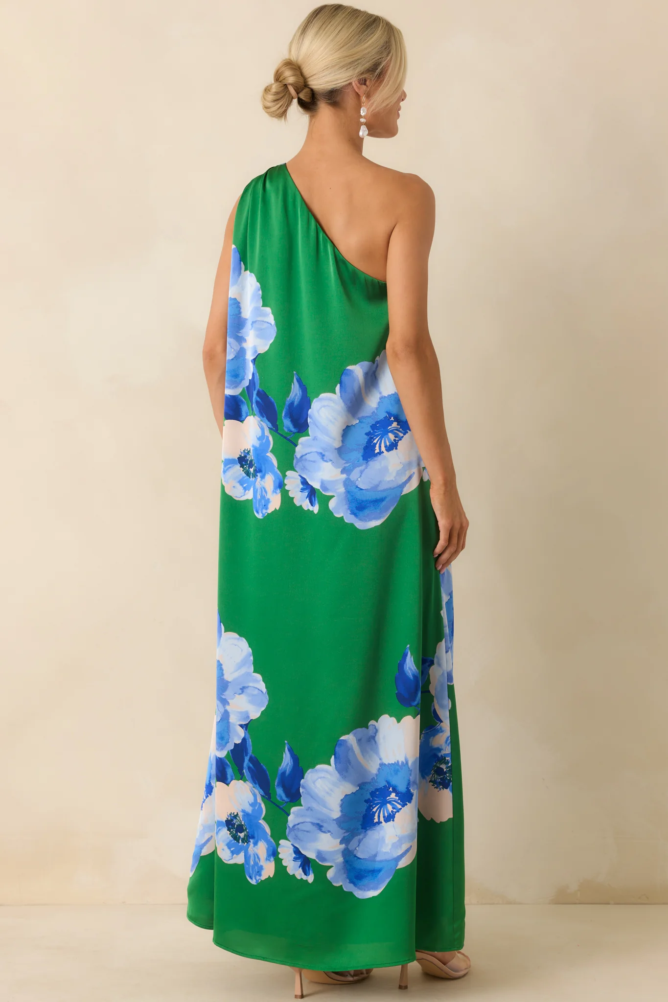 No Introduction Green Multi Floral Print Satin One Shoulder Maxi Dress