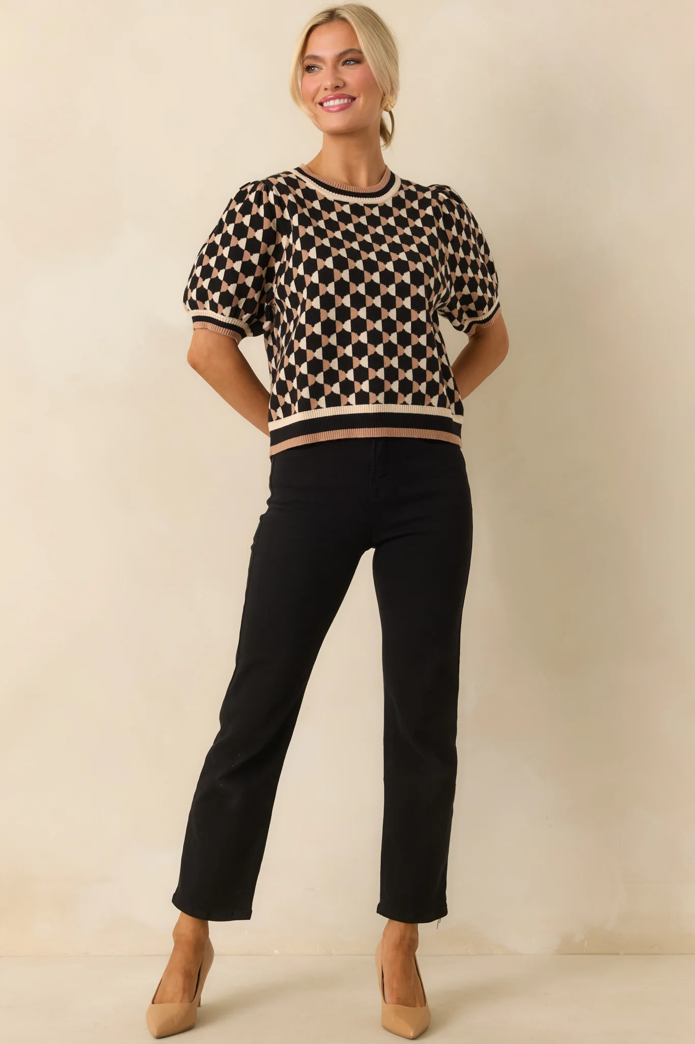 All Comes Together Black Multi Geometric Print Puff Sleeve Knit Top