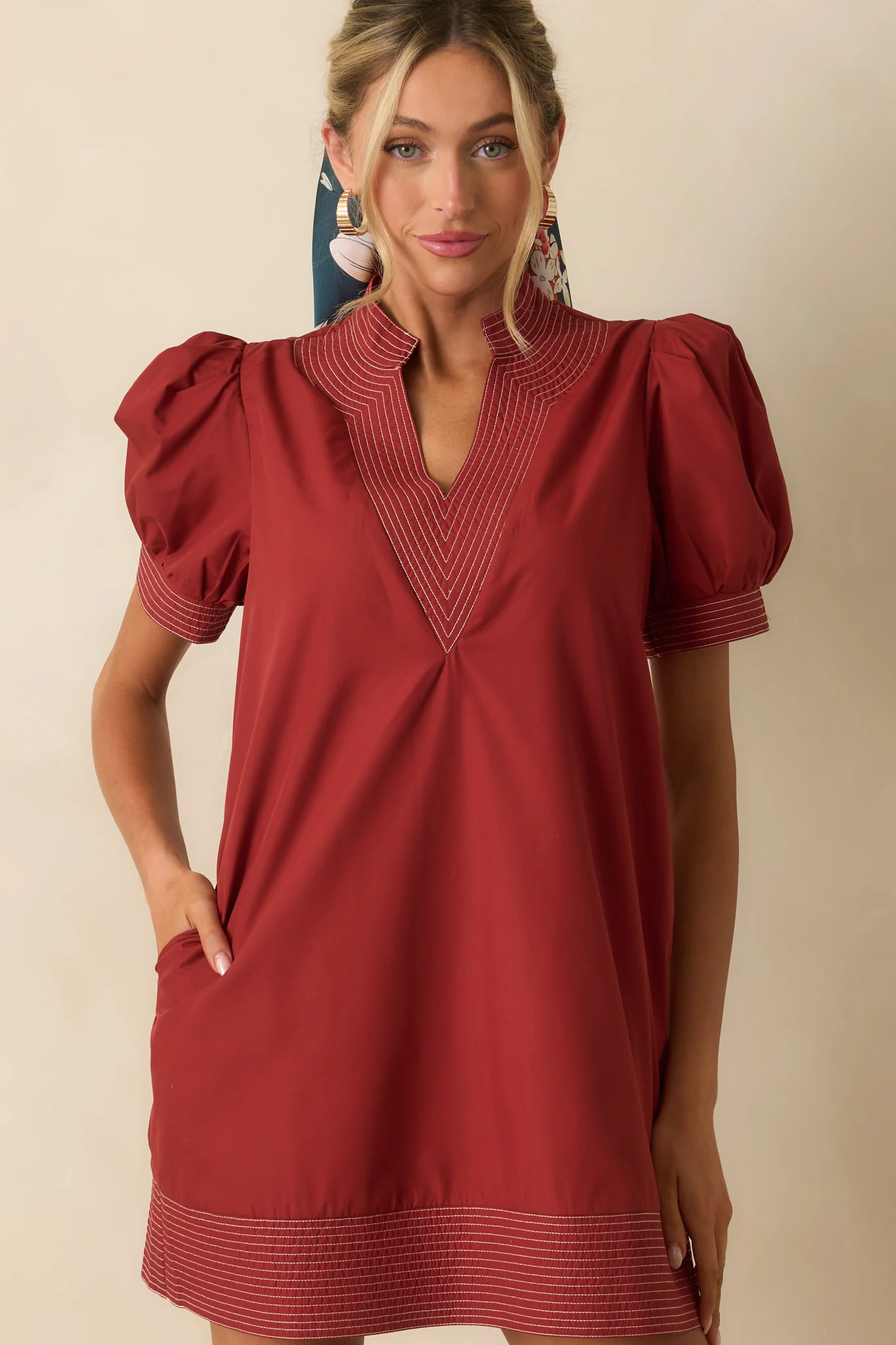 Took The Right Turn Brick Red Cotton Puff Sleeve Mini Dress