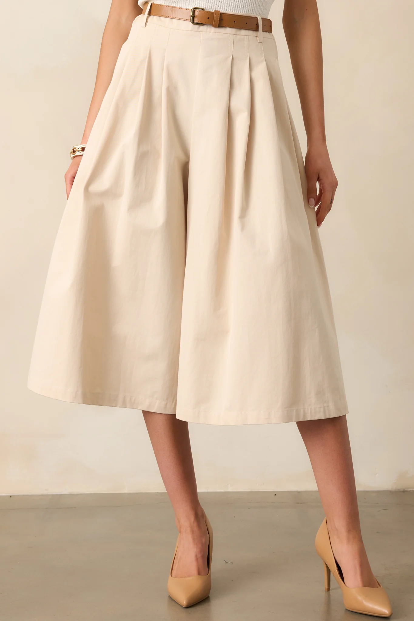 Uncharted Territory Beige Cotton Wide Leg Belted Culotte Pants
