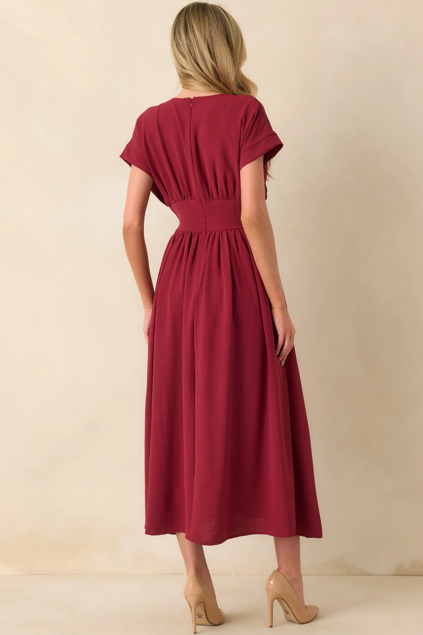 Faded Photographs Burgundy Chiffon Cap Sleeve Maxi Dress
