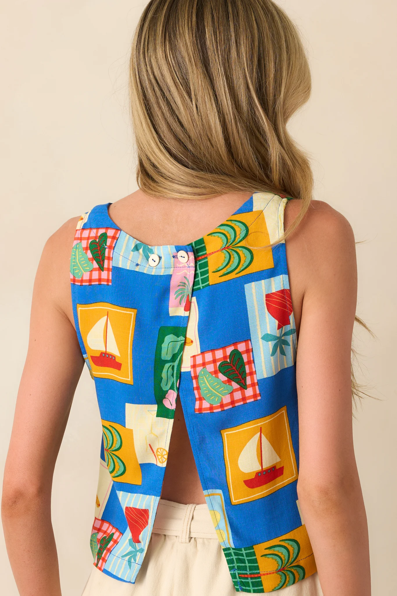 All In Good Time Blue Tropical Patchwork Rayon Crop Top