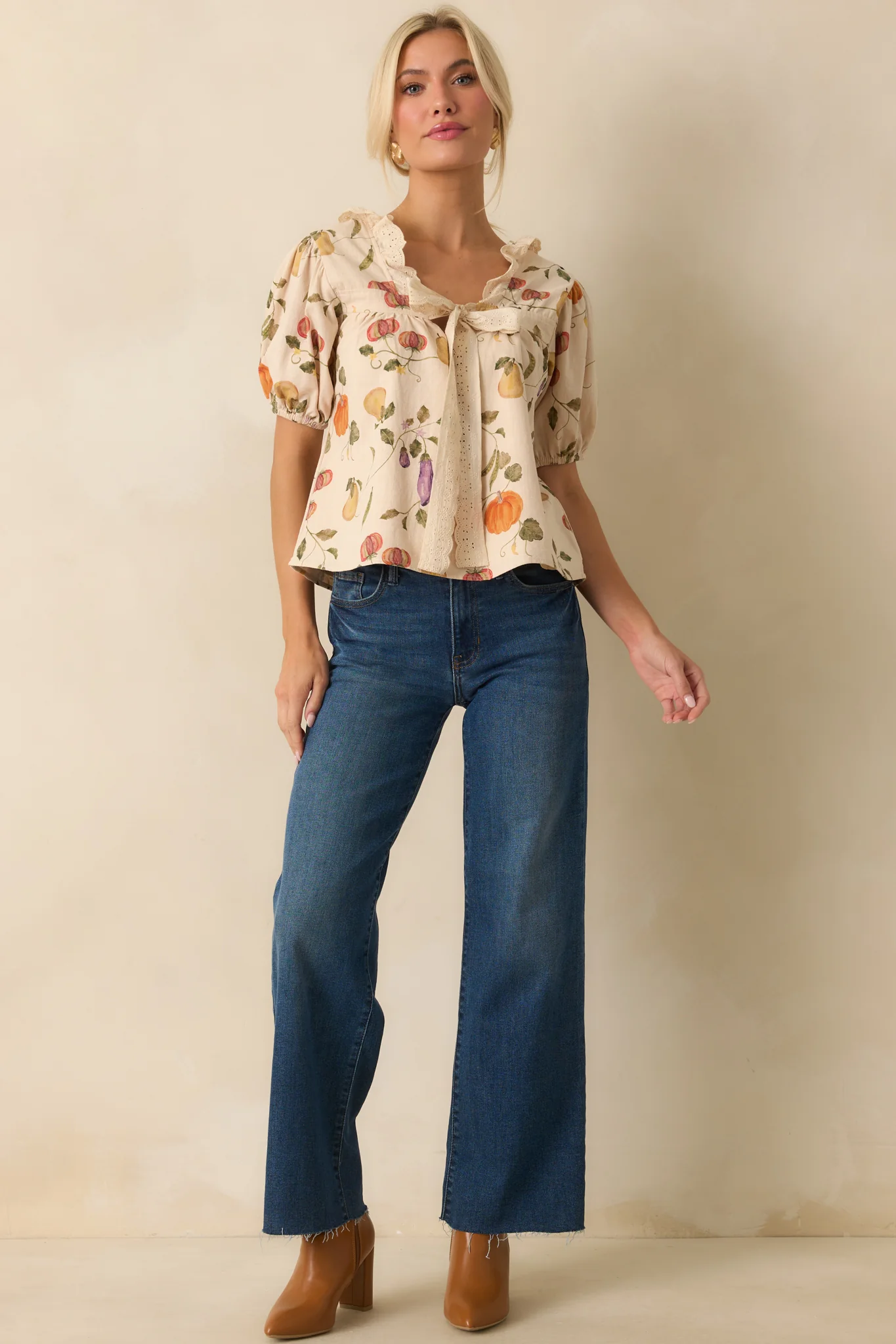 I Meant It Ivory Multi Vegetable Print Cotton Puff Sleeve Top