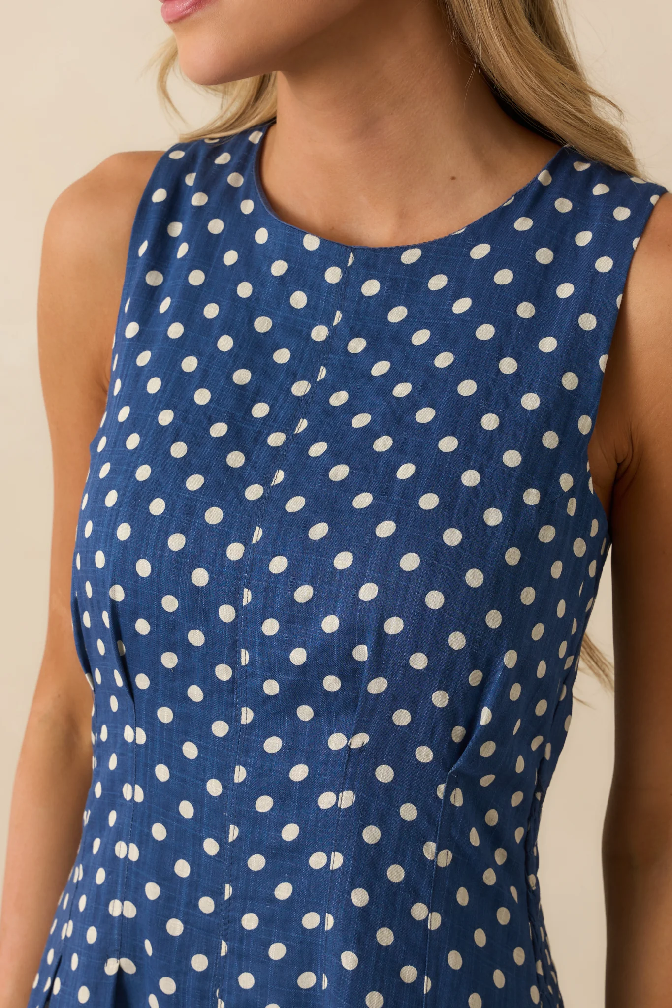 Nothing But Chic Blue Polka Dot Cotton Sleeveless Midi Dress